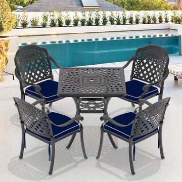 Cushions In Random Colors 5 Piece Set Of Cast Aluminum Patio Furniture With Cushions Yes Dining Set Black Seats 4 Rust Resistant Frame Water Resistant Cushion Garden & Outdoor Complete Patio Sets Aluminium