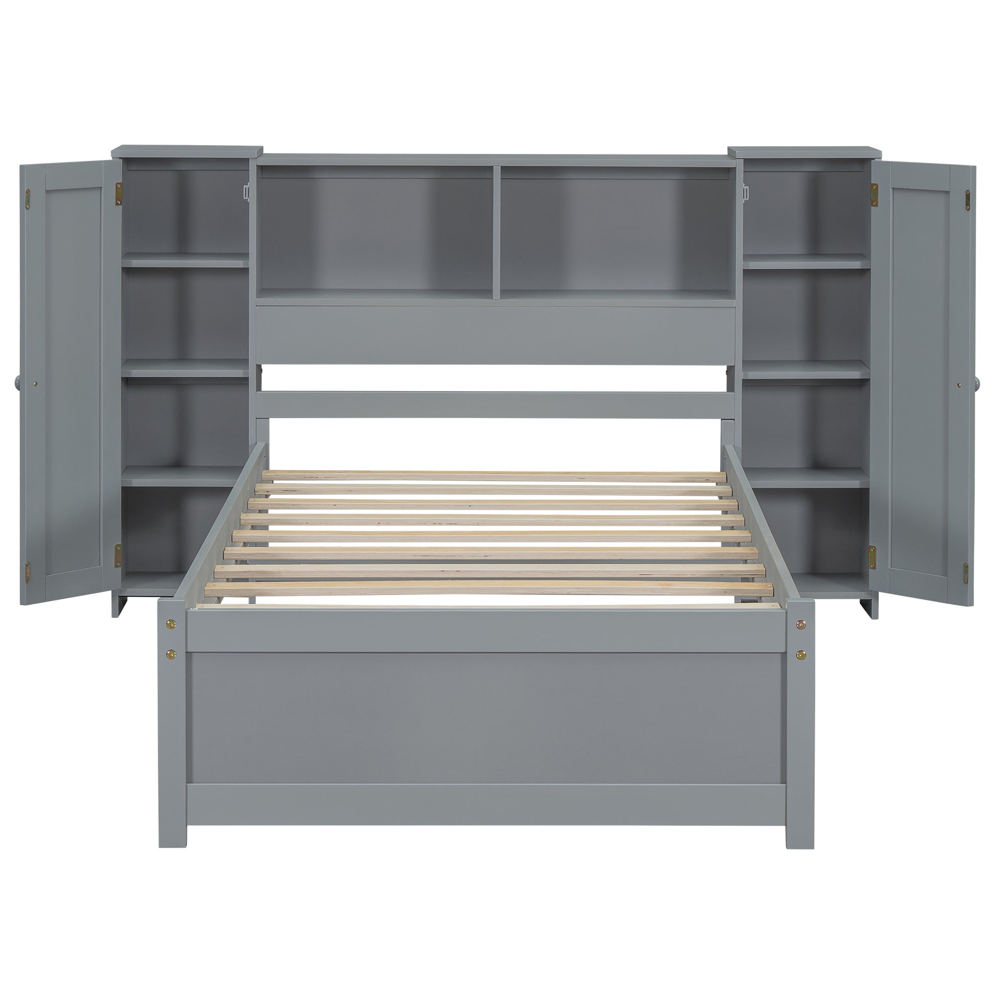 Twin Size Platform Bed With Storage Headboard And Lockers, Gray Twin Box Spring Not Required Gray Wood Bedroom Solid Wood Mdf