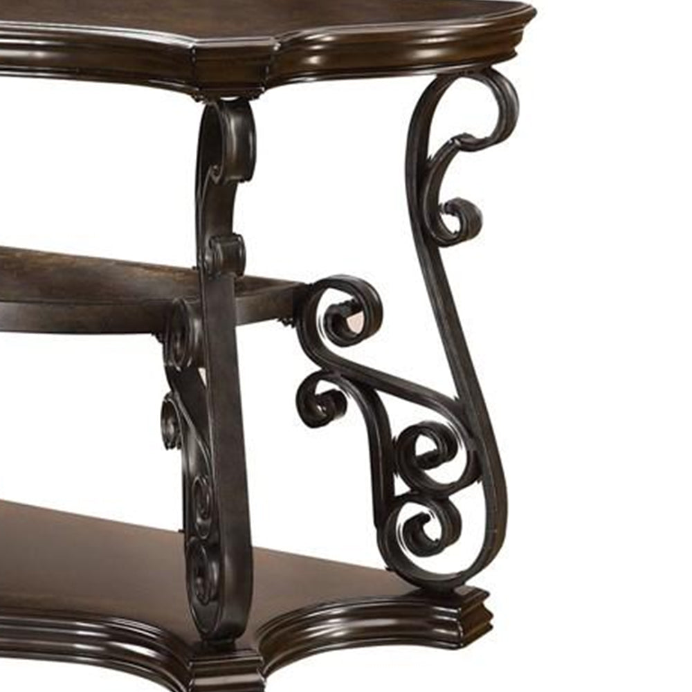 Traditional Solid Sofa Table With Glass Inset, Metal Scrolls & 2 Shelves, Brown Brown Wood Metal