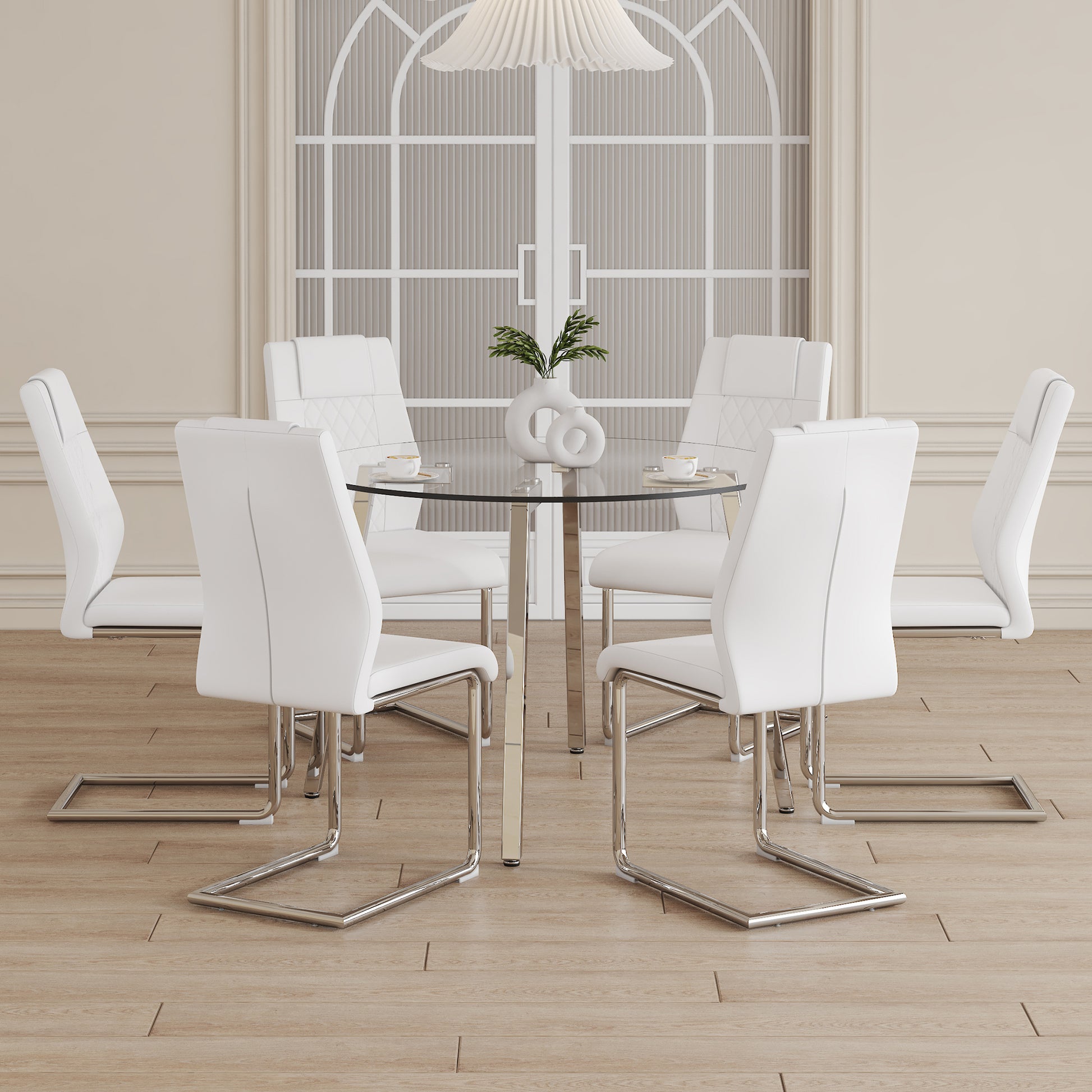 Table And Chair Set.A Modern Minimalist Style Round Clear Tempered Glass Table With Silver Metal Legs.Paried With 6 Chairs With Modern Pu Leather High Back Upholstered And C Tube Chrome Legs. Silver,White Seats 6 Glass Metal