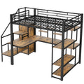 Full Size Metal Loft Bed With Storage Staircase And Small Wardrobe, Built In Desk And Storage Shelves, Black Full Black Metal