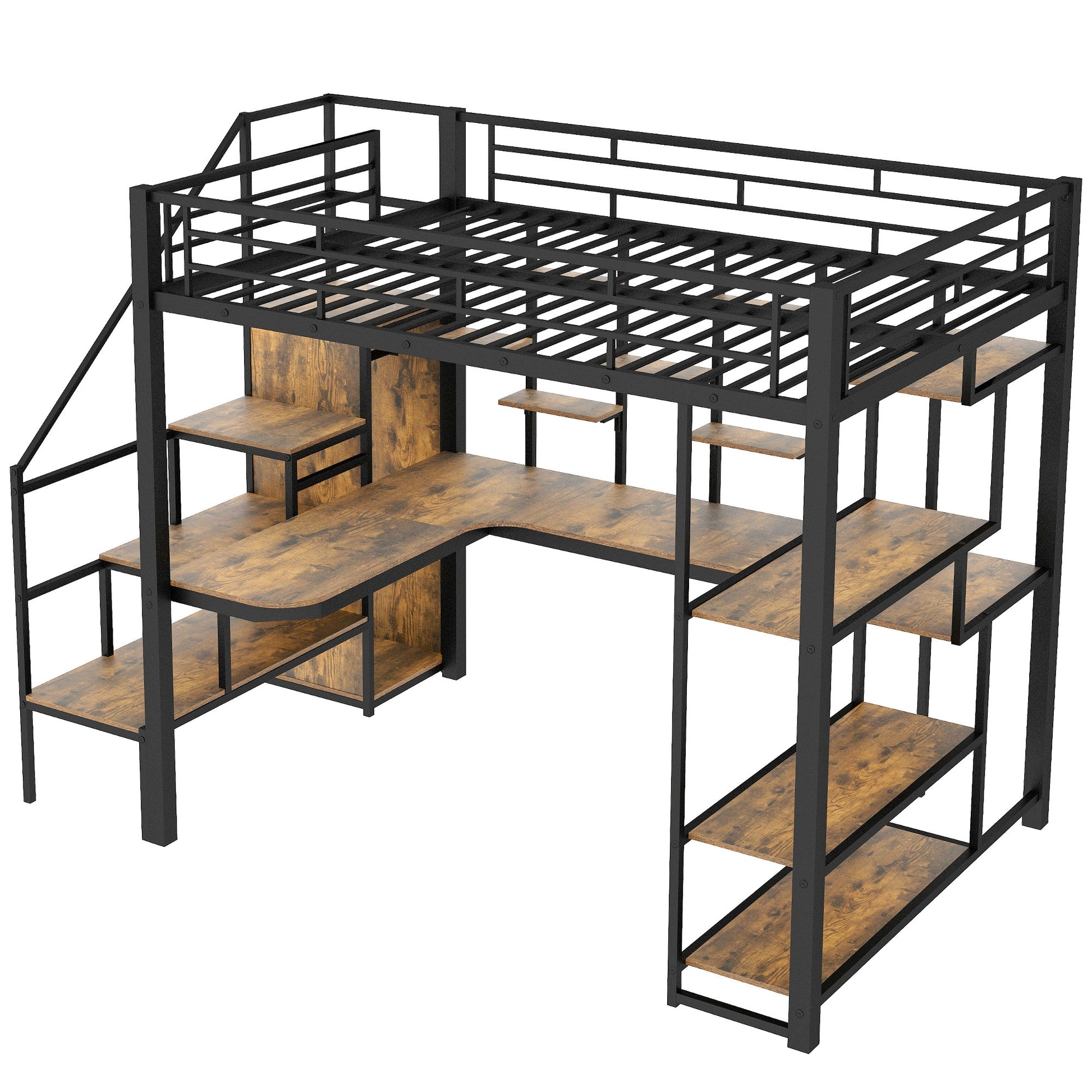 Full Size Metal Loft Bed With Storage Staircase And Small Wardrobe, Built In Desk And Storage Shelves, Black Full Black Metal