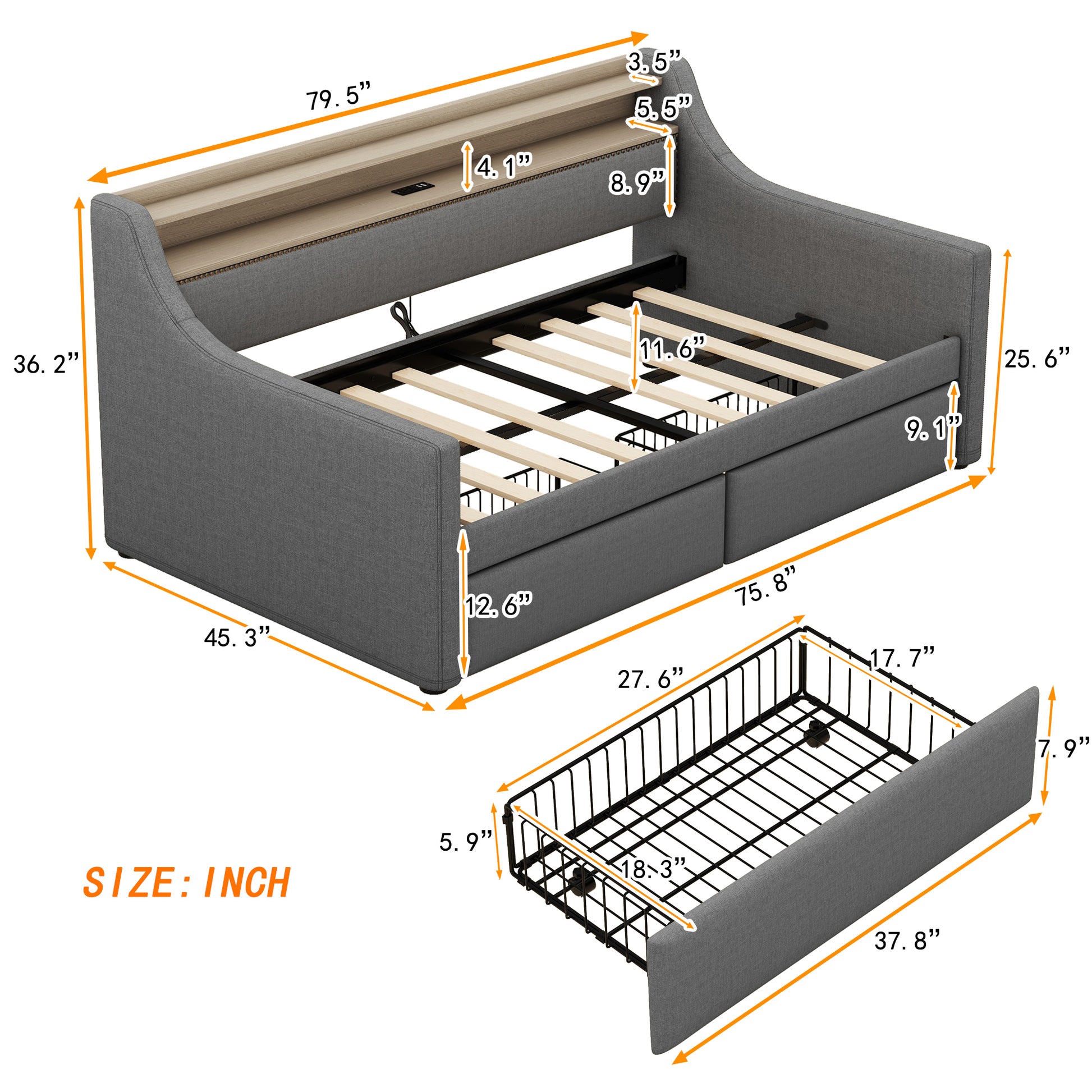 Twin Size Daybed With Storage Drawers, Upholstered Daybed With Charging Station And Led Lights, Gray Old Item W1580S00023 Twin Gray Linen