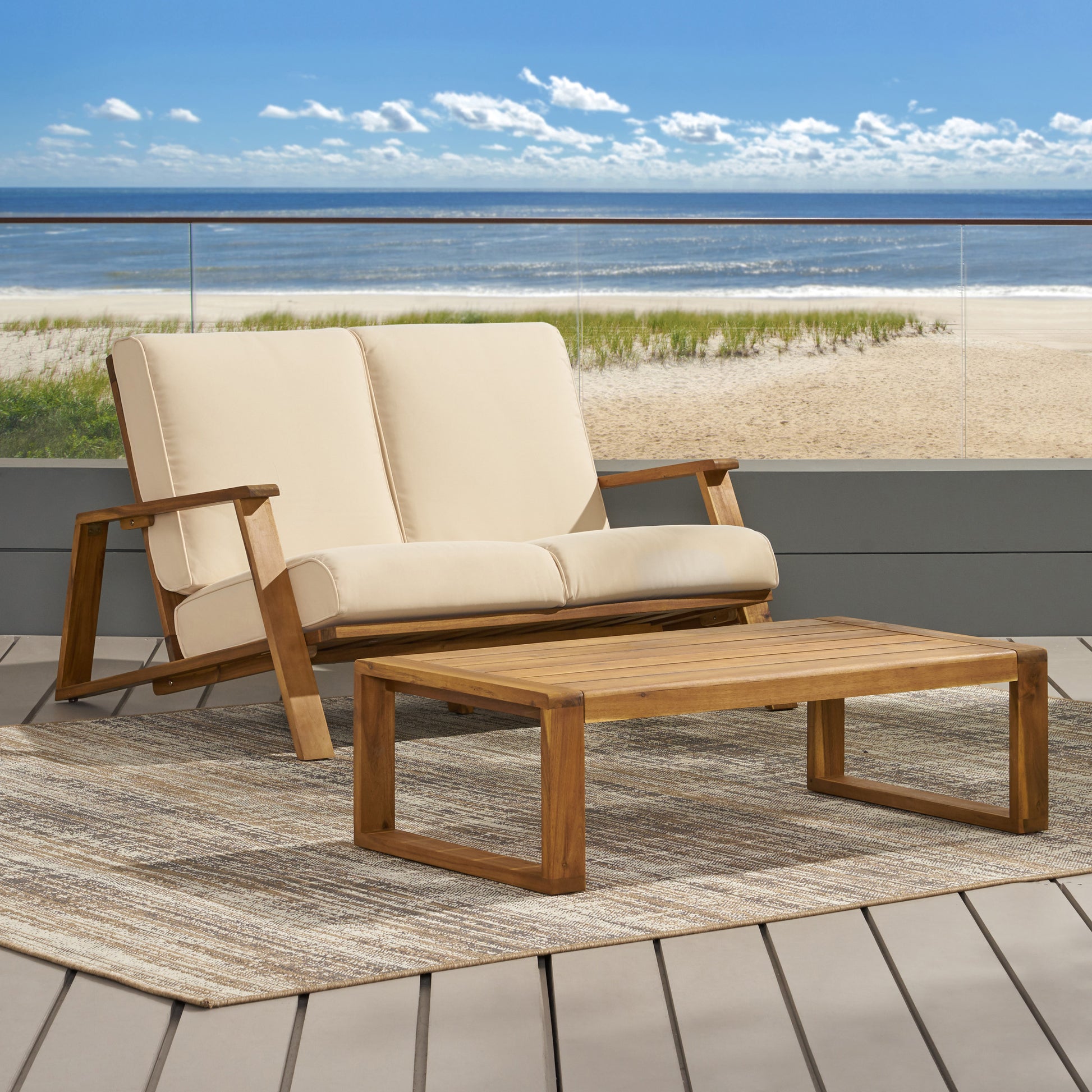 Paloma Seat Coffee Table Teak Beige Wood Waterproof Fabric