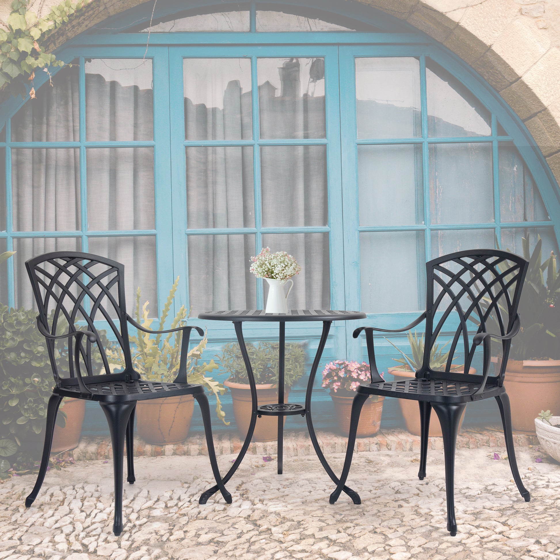 3 Piece Bistro Table Set Cast Aluminum Outdoor Patio Furniture With Umbrella Hole Patio Balcony, Black Black Aluminium