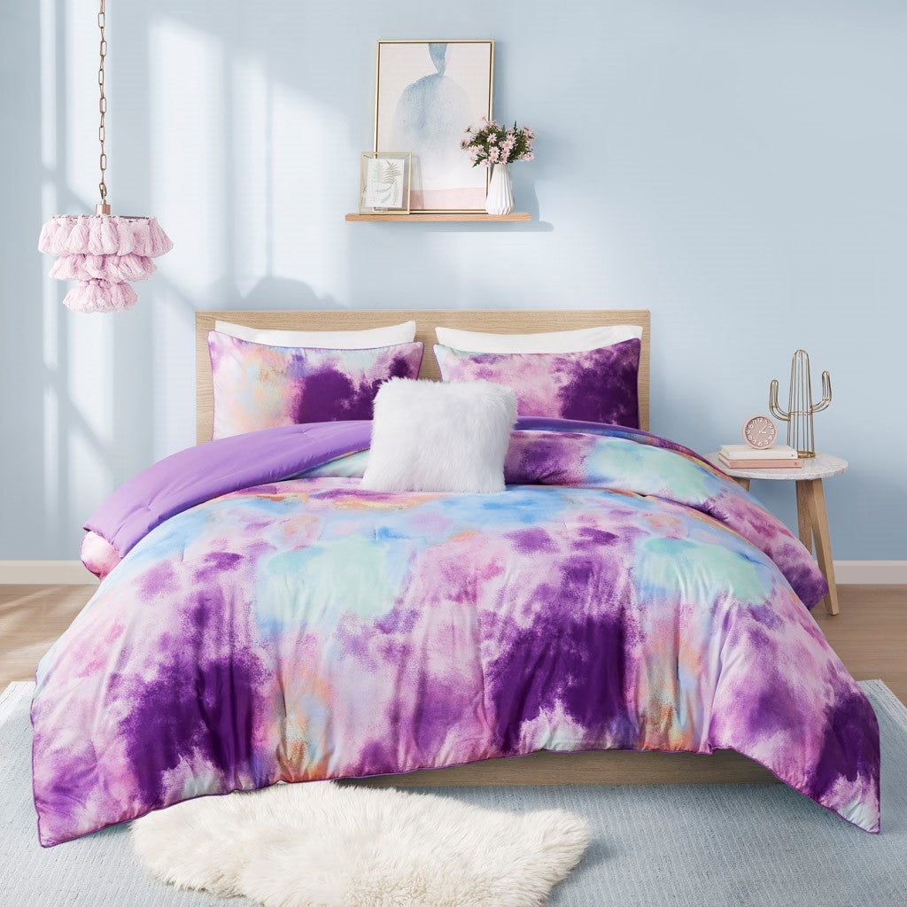 Watercolor Tie Dye Printed Comforter Set With Throw Pillow Queen Multicolor Polyester