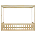 Twin Size Canopy Frame Floor Bed With Fence, Guardrails,Natural Twin Natural American Design Pine