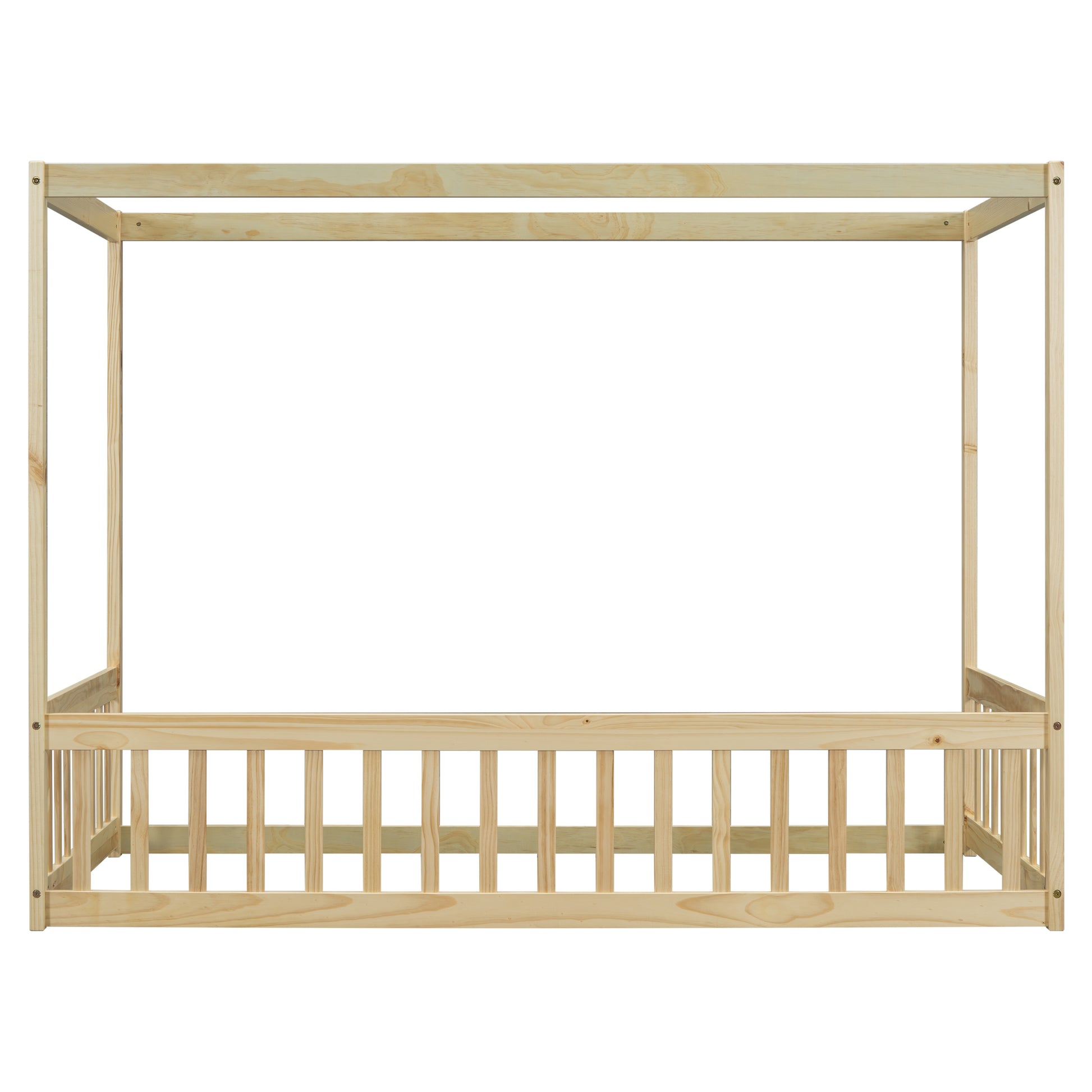 Twin Size Canopy Frame Floor Bed With Fence, Guardrails,Natural Twin Natural American Design Pine