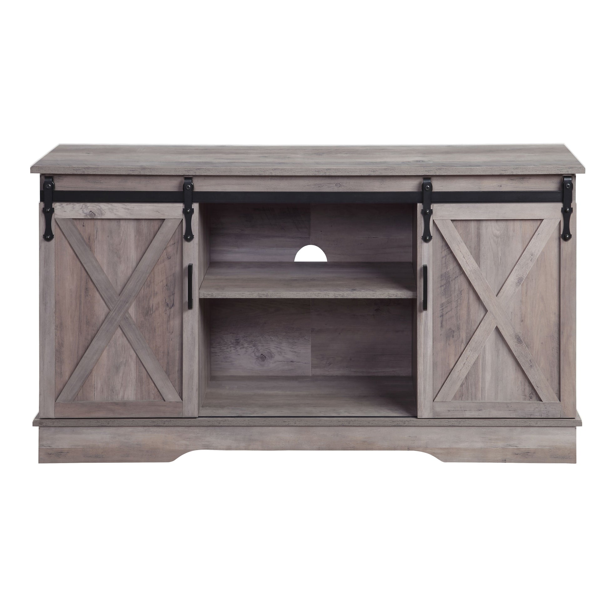 Grey Tv Stand With 2 Sliding Barn Doors Grey Primary Living Space 60 69 Inches Rustic Wood Metal