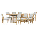 Farmhouse 9 Piece 83.9Inch Extendable Dining Table Set With 2 12 Inch Removable Leaves And 8 Upholstered Dining Chairs, Natural Wood Dining Room Solid Wood Rubberwood Rectangular Dining Table With Chair Upholstered Chair Wood Natural Seats 8 Removable