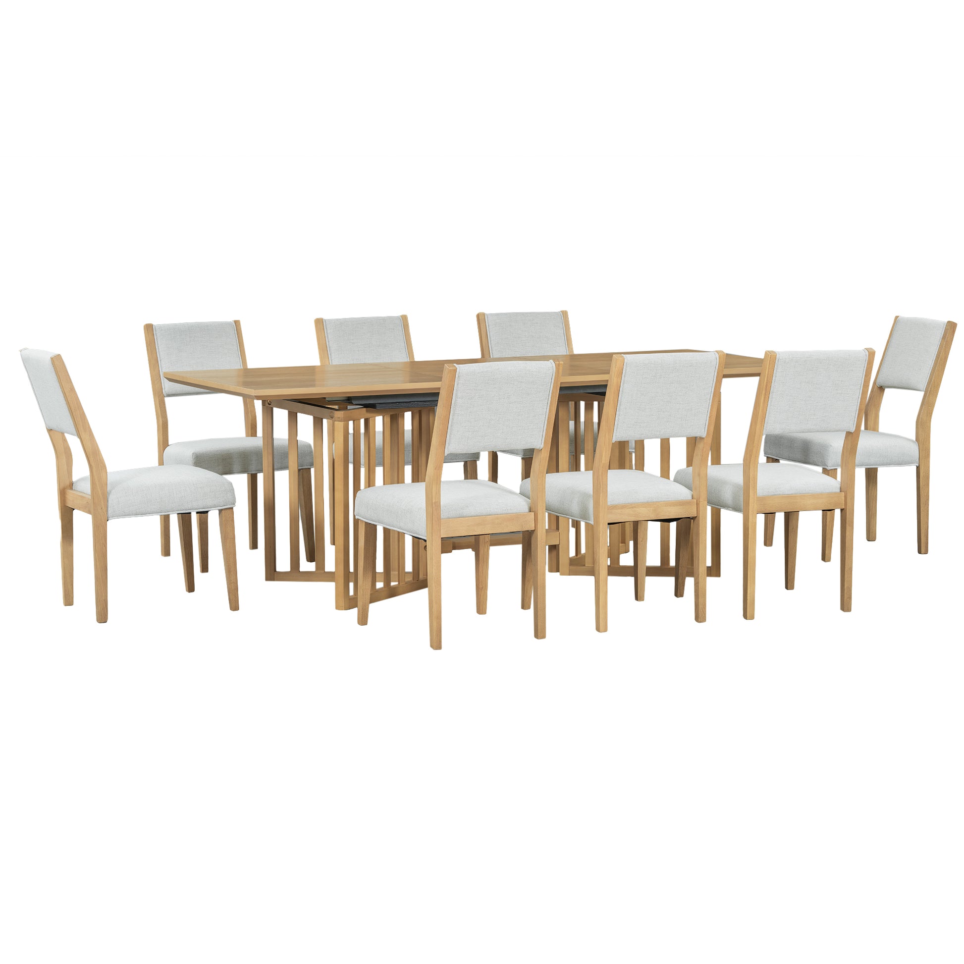 Farmhouse 9 Piece 83.9Inch Extendable Dining Table Set With 2 12 Inch Removable Leaves And 8 Upholstered Dining Chairs, Natural Wood Dining Room Solid Wood Rubberwood Rectangular Dining Table With Chair Upholstered Chair Wood Natural Seats 8 Removable