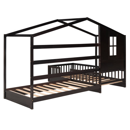 Wood House Bed Twin Size, 2 Twin Solid Bed L Structure With Fence And Slatted Frame, Espresso Twin Espresso Plywood