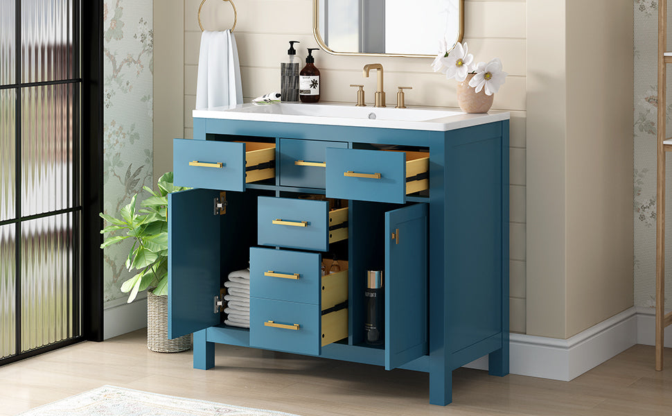 36'' Bathroon Vanity With Resin Sink Combo Set,Modern Freestanding Single Bathroom Cabinet With 4 Drawers & 2 Cabinets,Storage Cabinet For Bathroom, Solid Wood Frame Vanity Set, Blue 4 Blue 2 Adjustable Hinges Bathroom Freestanding Modern Solid Wood Mdf