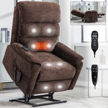 Brown Chenille Dual Motor Infinite Position Up To 350 Lbs Power Lift Recliner Chair With Power Remote, Heat Massage And Heavy Duty Motion Mechanism White Metal Primary Living Space Heavy Duty Push