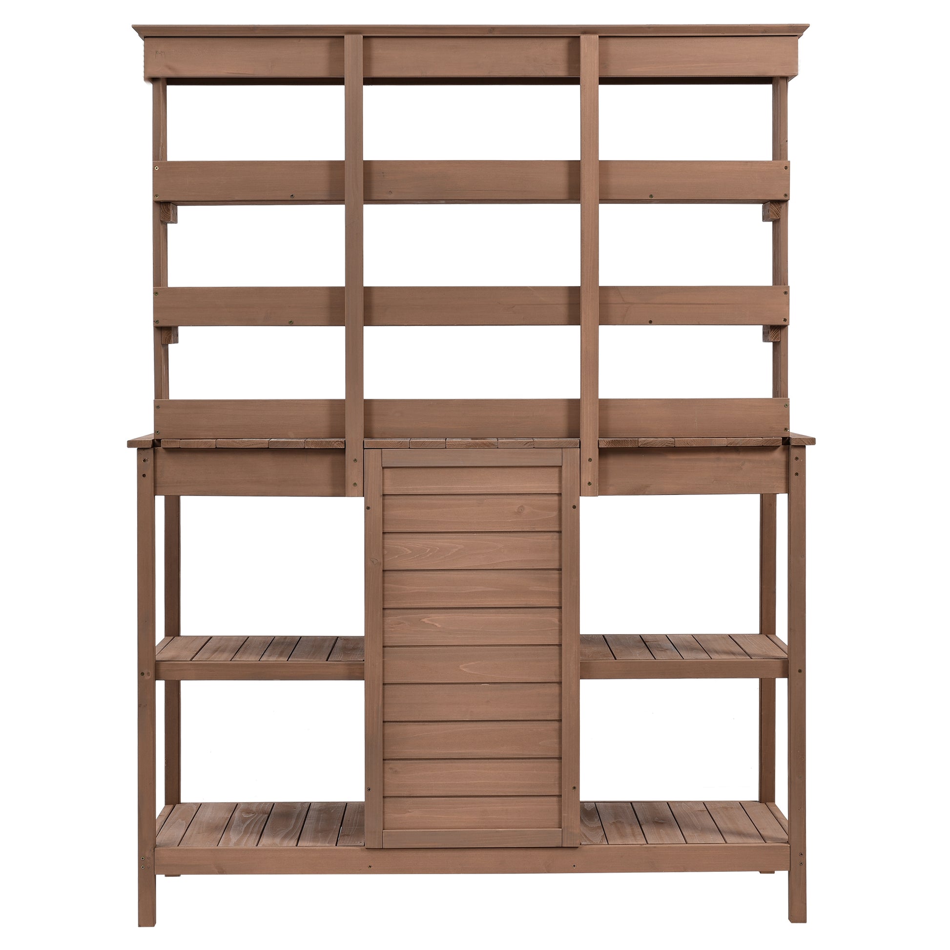 66" Large Outdoor Farmhouse Wooden Potting Bench Table, Garden Workstation With 2 Drawers, Cabinet And Open Shelves For Backyard, Mudroom, Brown Brown Garden & Outdoor Casual Wood Solid Wood