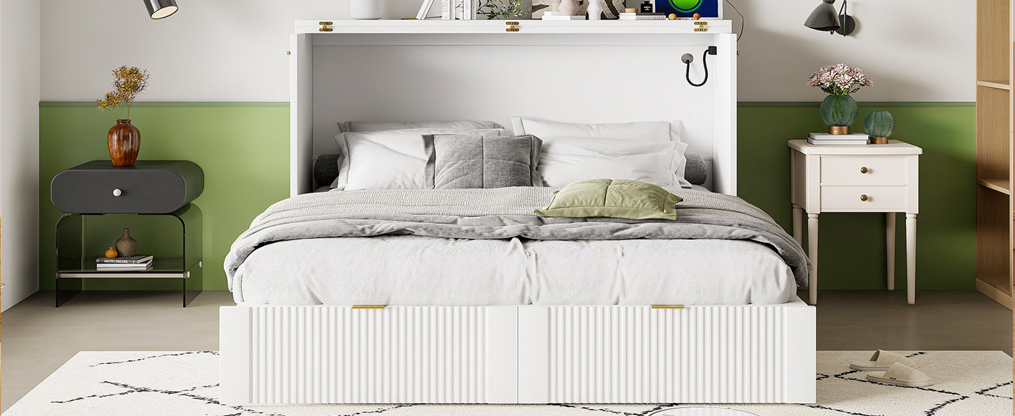Full Size Murphy Bed With Drawer And A Set Of Sockets & Usb Ports, Pulley Structure Design, White Full White Plywood