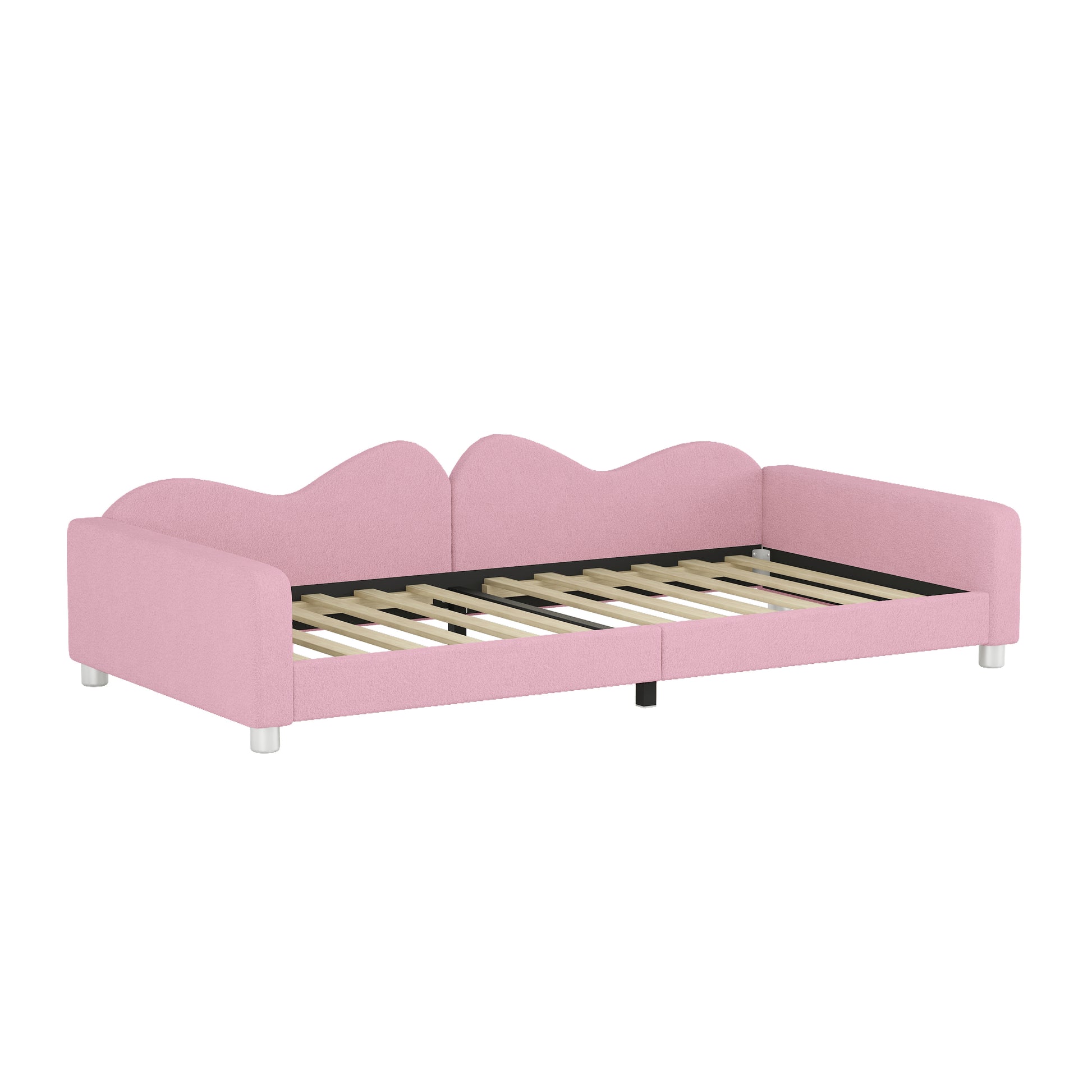 Twin Size Upholstered Daybed, Sherpa Fabric Sofabed With Cloud Shaped Backrest, No Box Spring Needed, Pink Twin Pink Wood Fabric