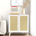 Homcom Boho Storage Cabinet, Kitchen Cabinet With 2 Rattan Doors, White White Particle Board