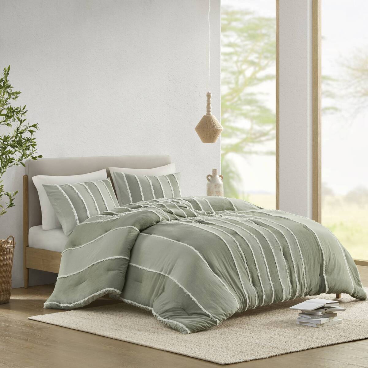 3 Piece Striped Cotton Comforter Set Sage King Cal King Sage Cotton