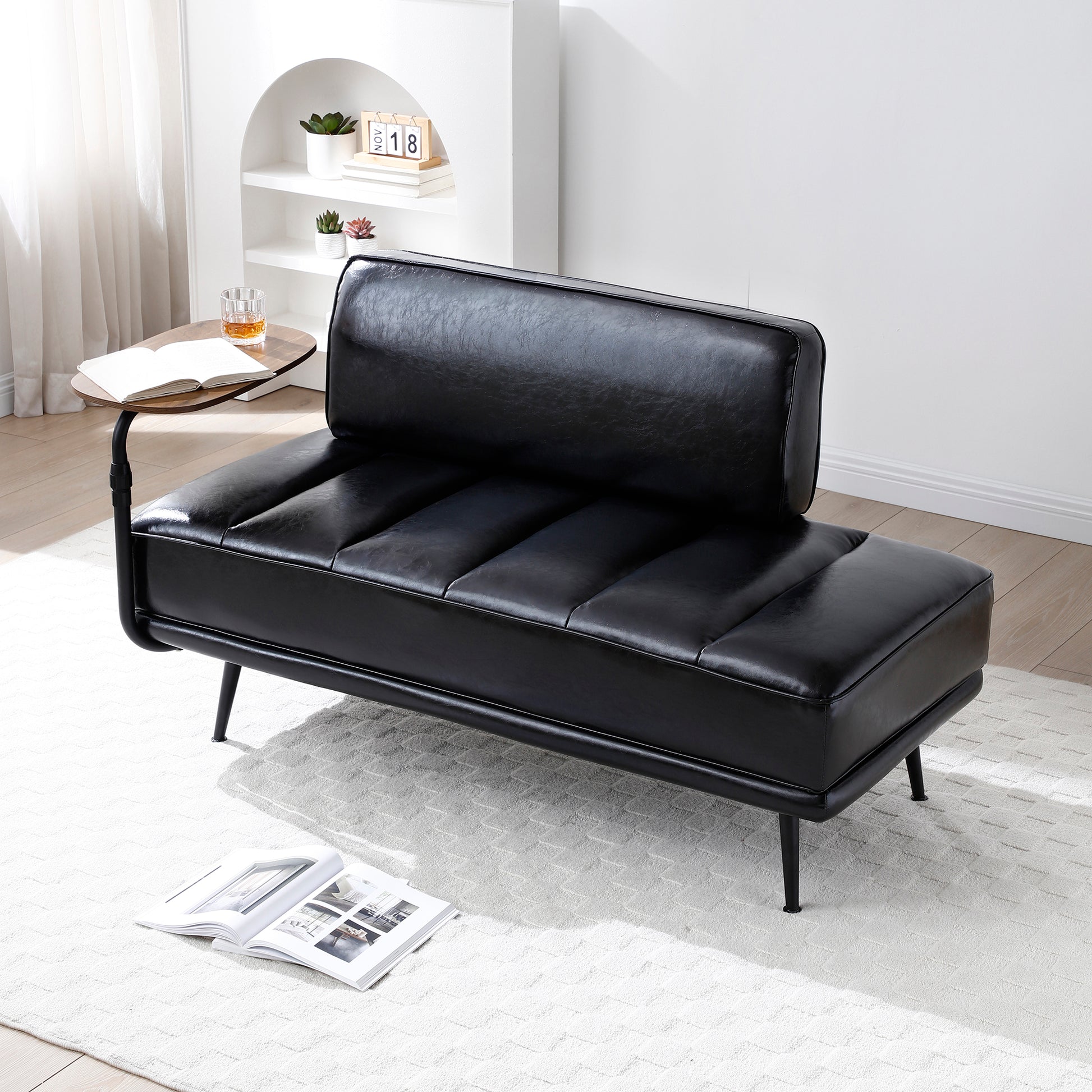 55"Inch Width Modern End Of Bed Bench,Black Faux Leather Upholstered With Side Table, 360 Degree Swivel Tray Couch,Entryway Ottoman,Window Bench With Metal Legs For Bedroom, Living Room Black Faux Leather Wood Primary Living Space Modern Foam Pu Leather