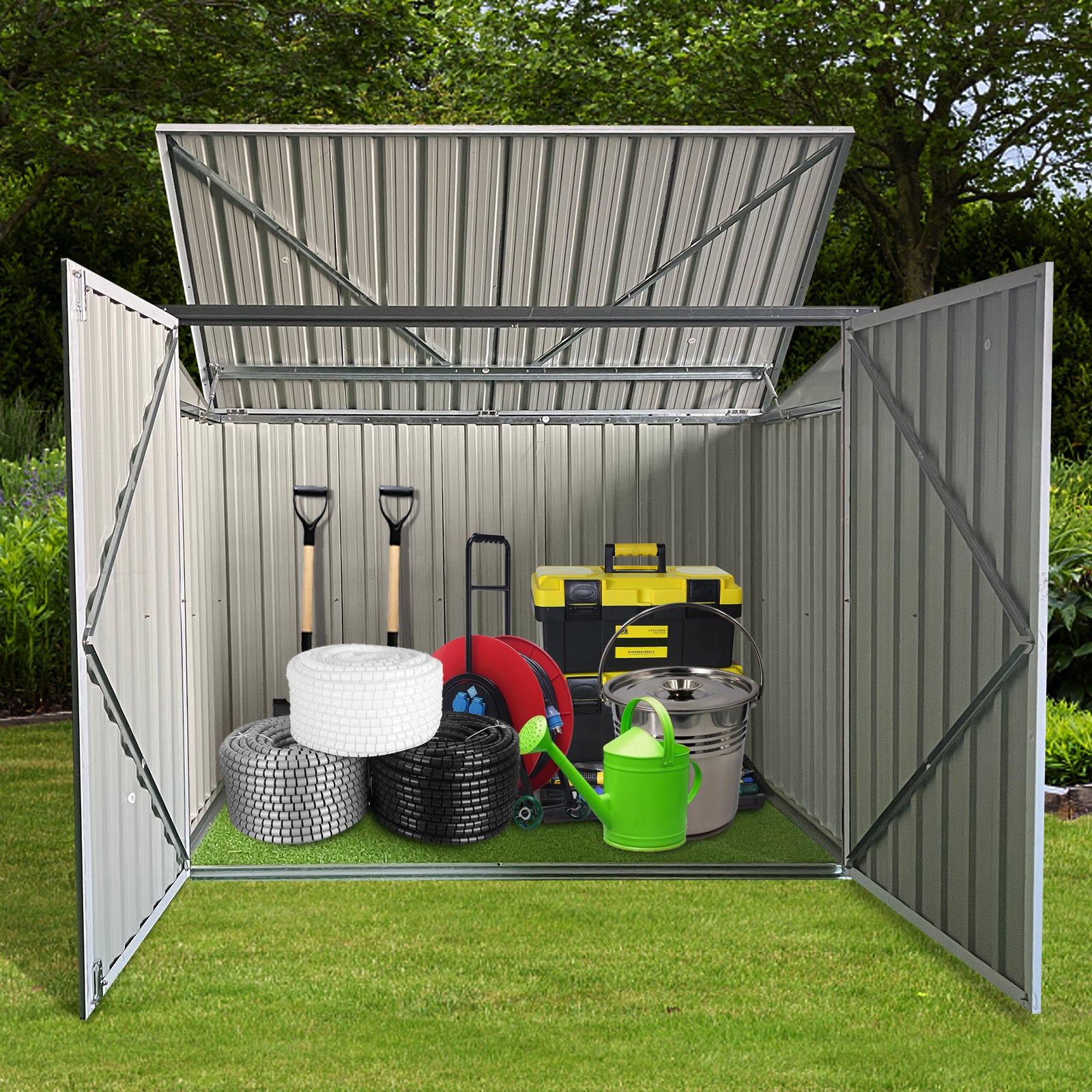 Garbage Bin Shed Stores 2 Trash Cans Metal Outdoor Bin Shed For Garbage Storage,Grey Grey Metal