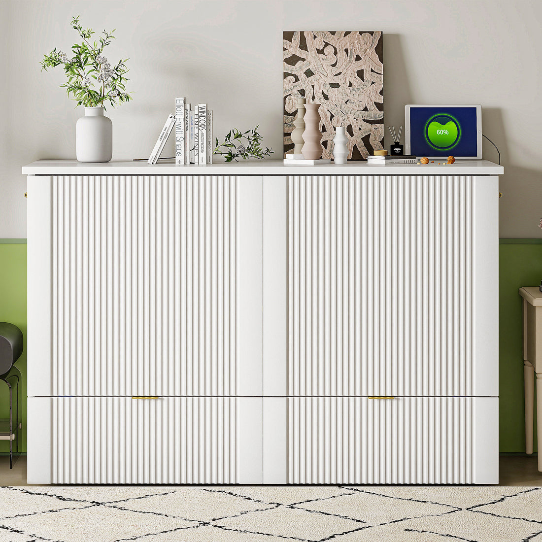 Full Size Murphy Bed With Drawer And A Set Of Sockets & Usb Ports, Pulley Structure Design, White Full White Plywood