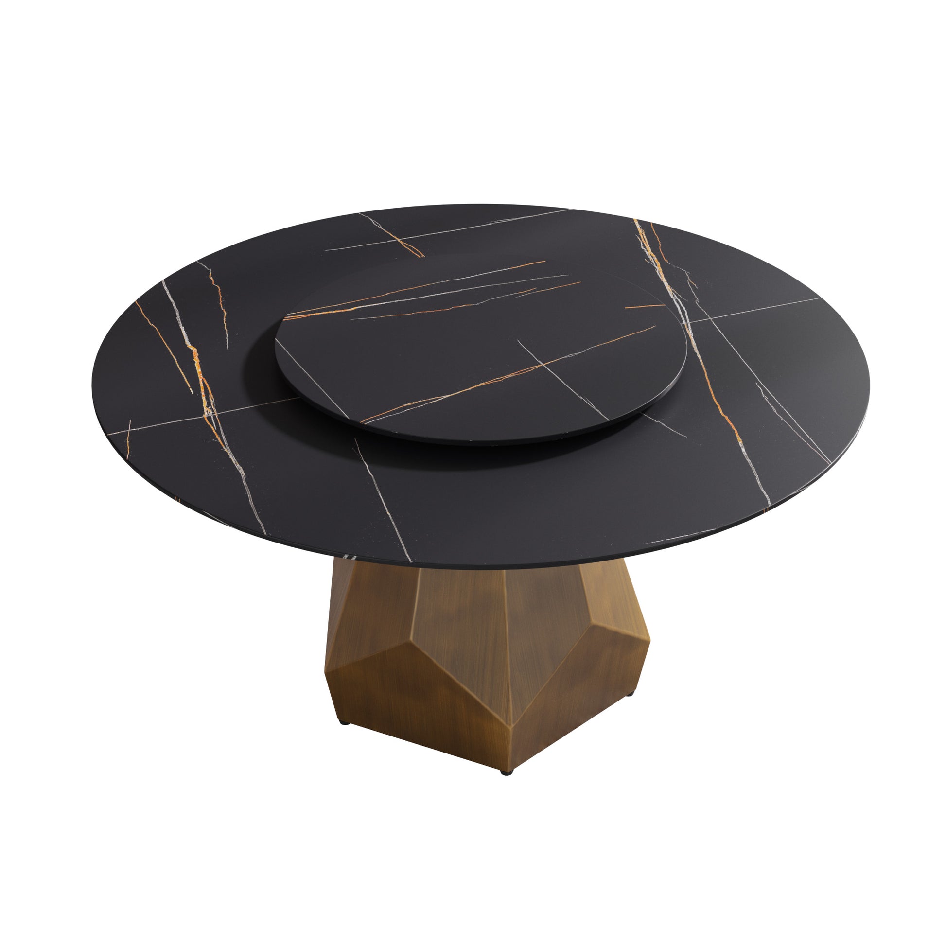 59.05" Round Marble Dining Table With Metal Base, Artificial Marble For 6 8 People, 31.5"Black Artificial Stone Turntable,Black Dining Table Only Antique Brass,Black Metal Marble