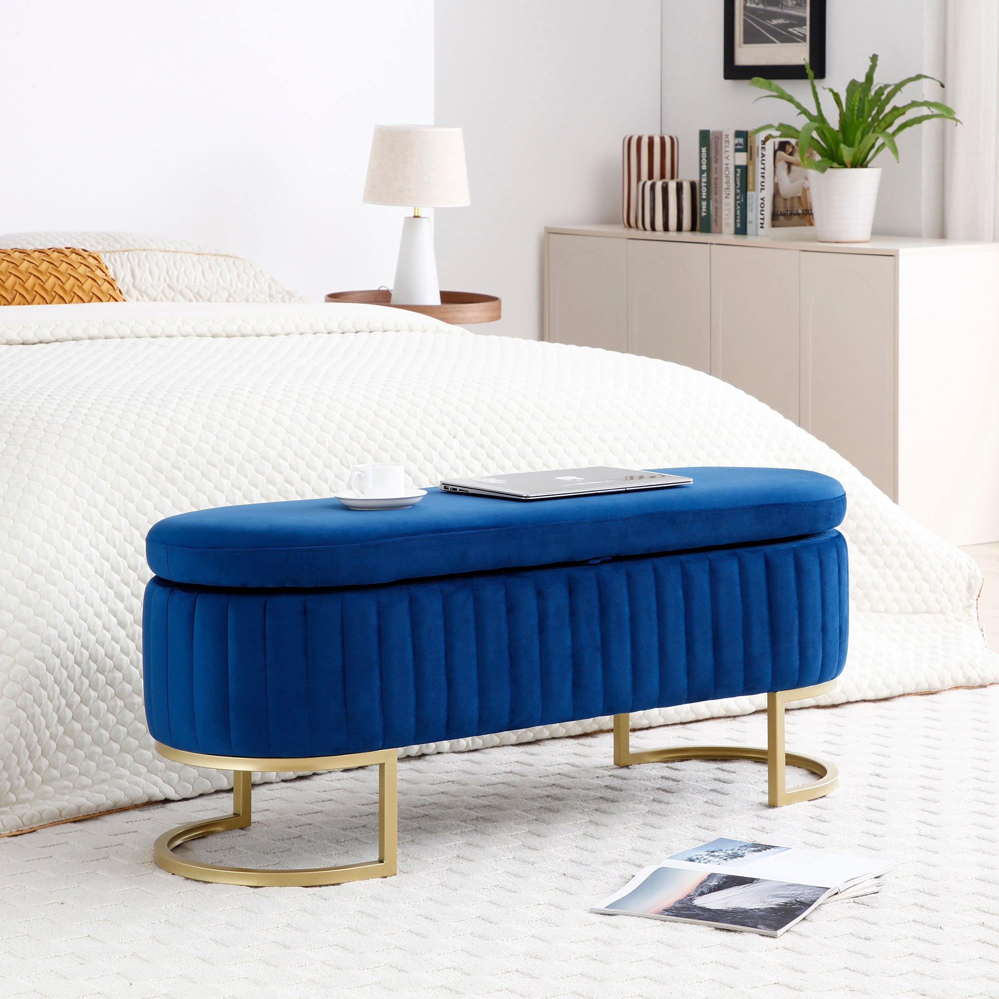 Storage Bench Bedroom Bench, Velvet Oval Upholstered End Of Bed Bench With Golden Metal Legs,50"Modern Storage Ottoman Bench For Bedroom, Living Room,Entryway,Window, Blue Blue Velvet