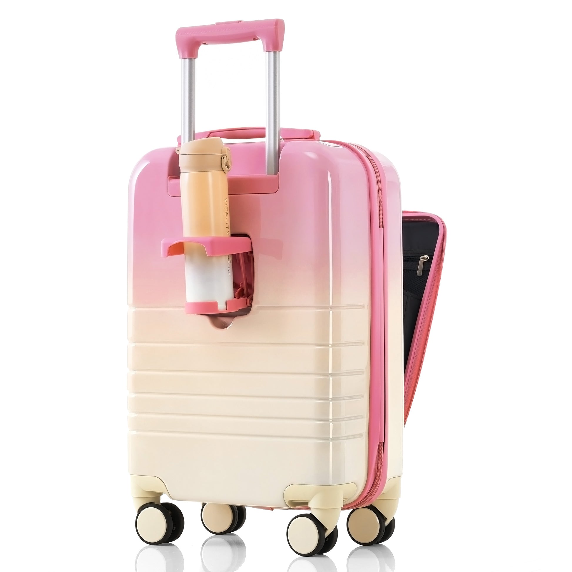 Luggage Set Of 3, 20, 24, 28Inch With Usb Port, 20, 24Inch With Front Opening Design Airline Certified Carry On Luggage With Cup Holder, Abs Pc Hard Shell Luggage With Spinner Wheels, Pink Pink Abs