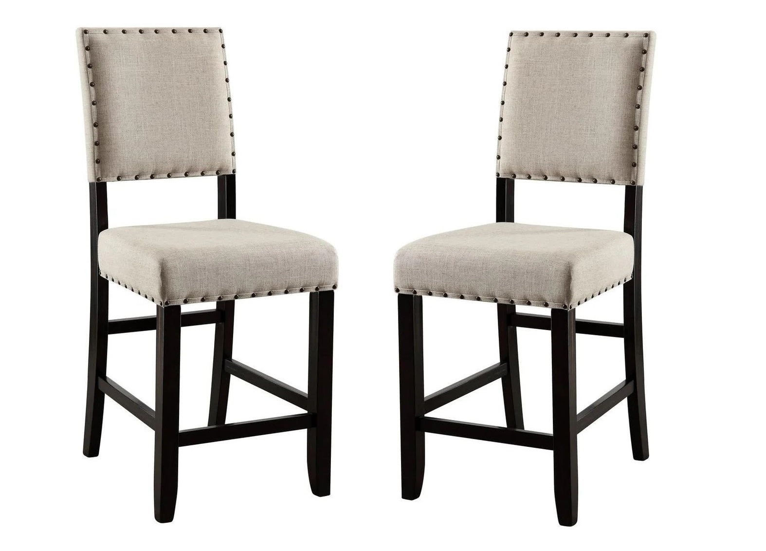 Antique Black Wooden 5Pc Counter Height Dining Set Table And 4X Chairs Beige Linen Like Fabric Cushions Trim Chairs Wood Dining Room Solid Wood Rectangular Dining Table With Chair Upholstered Chair Wood Beige Black Solid Back Seats 4 60 Inches