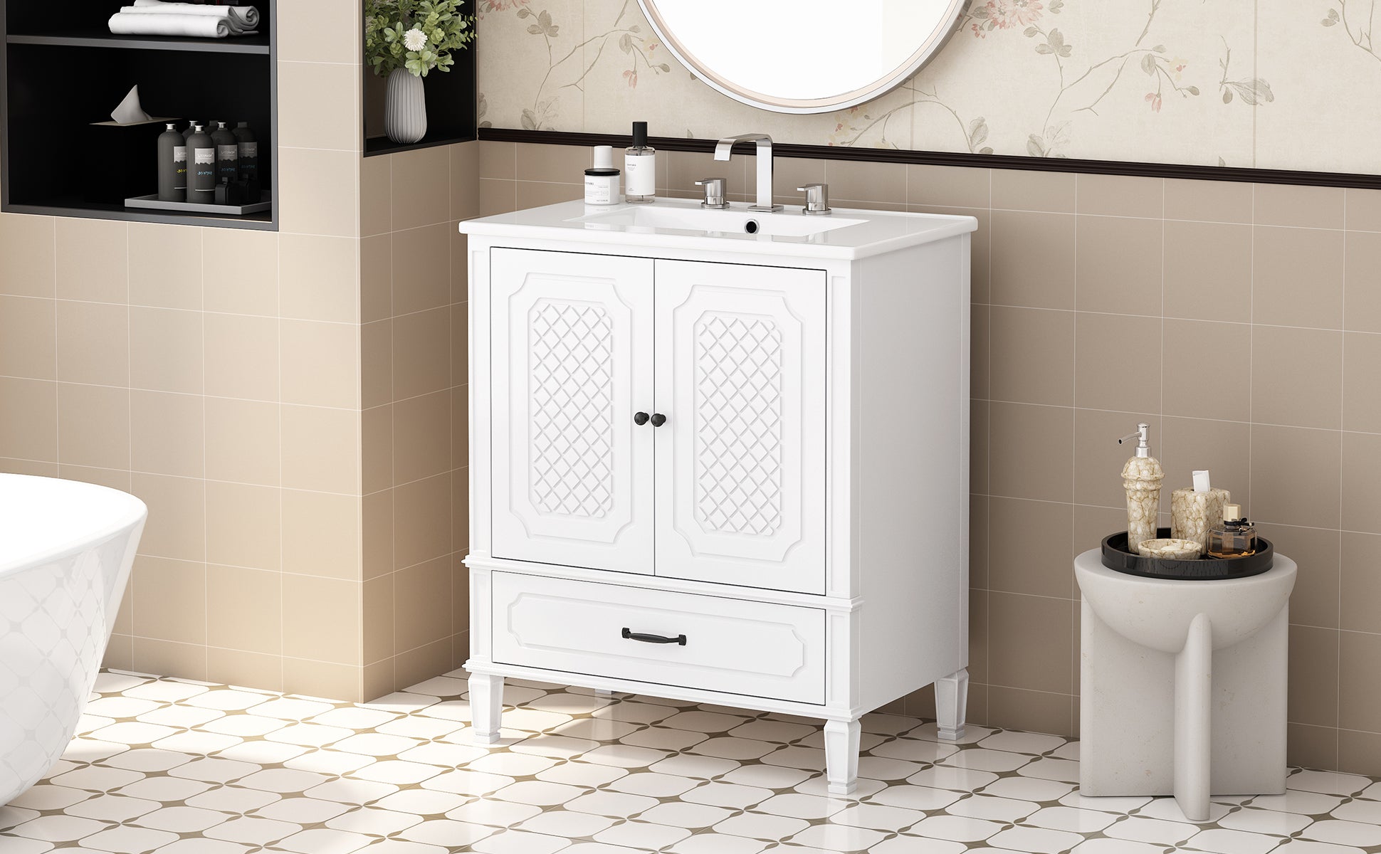 30" Bathroom Vanity With Sink Vintage Style, Multi Functional Storage Space, Door Shelf, Soft Closing Door, White White Acacia Wood,Ceramic Mdf
