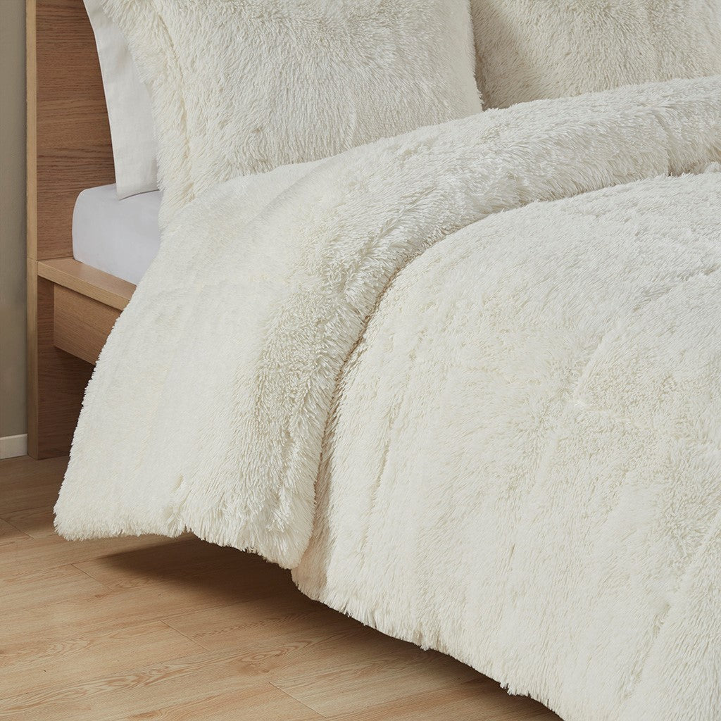 Shaggy Long Fur Comforter Mini Set Twin Ivory Polyester