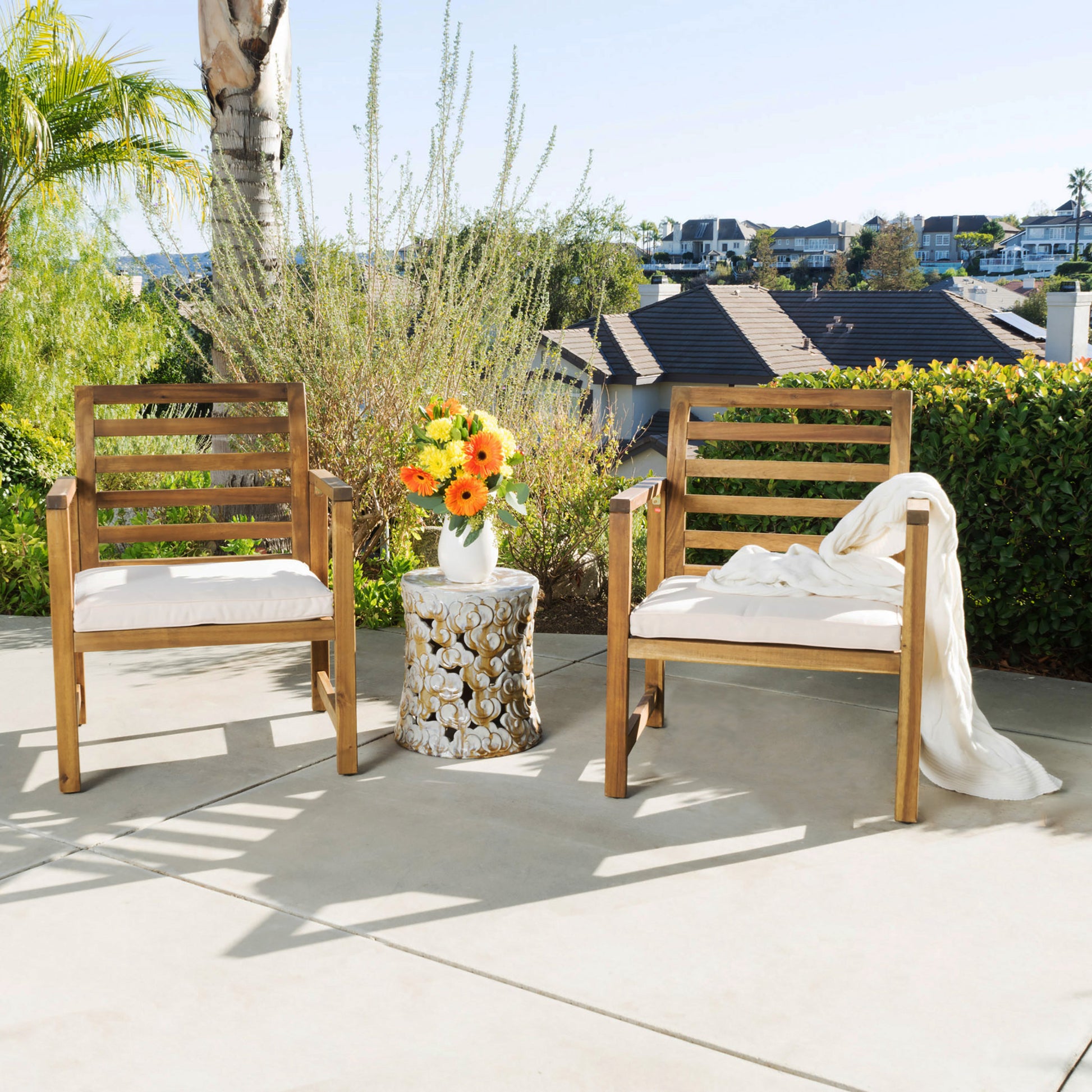 Outdoor Acacia Wood Club Chairs, 2 Pcs Set, Natural Stained White, 25.5"D X 24.5"W X 33.0"H Natural Acacia Wood