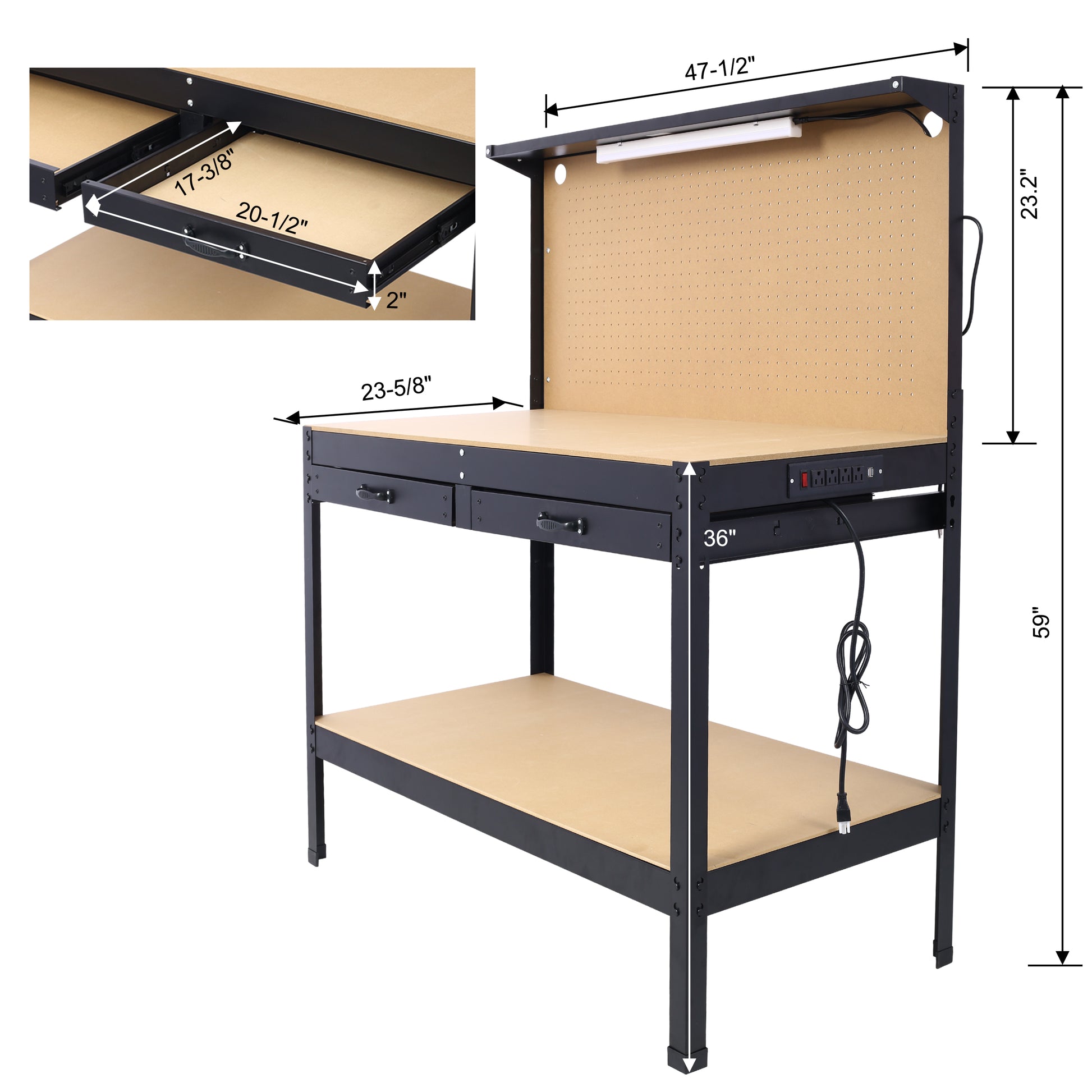 Steel Workbench Tool Storage Work Bench Workshop Tools Table W Drawer And Peg Board ,4Xac Outlets 2Xusb Ports Black Steel