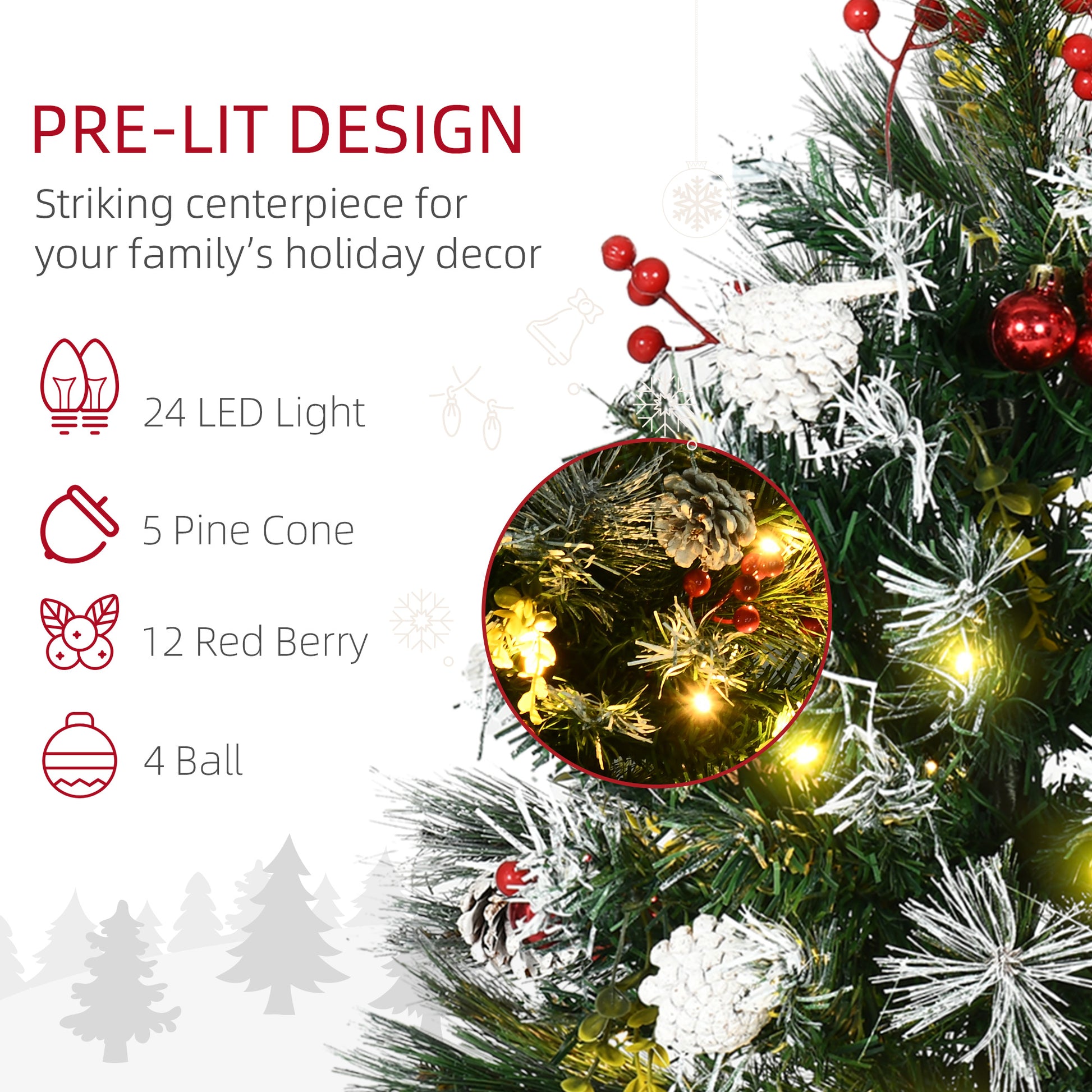 Homcom 2.5 Ft 30" 2 Pack Outdoor Entryway Pre Lit Artificial Christmas Tree Cordless With 70 Branches, Warm White Led Lights, Red Berries, Pine Cones, Balls, Green Green Plastic