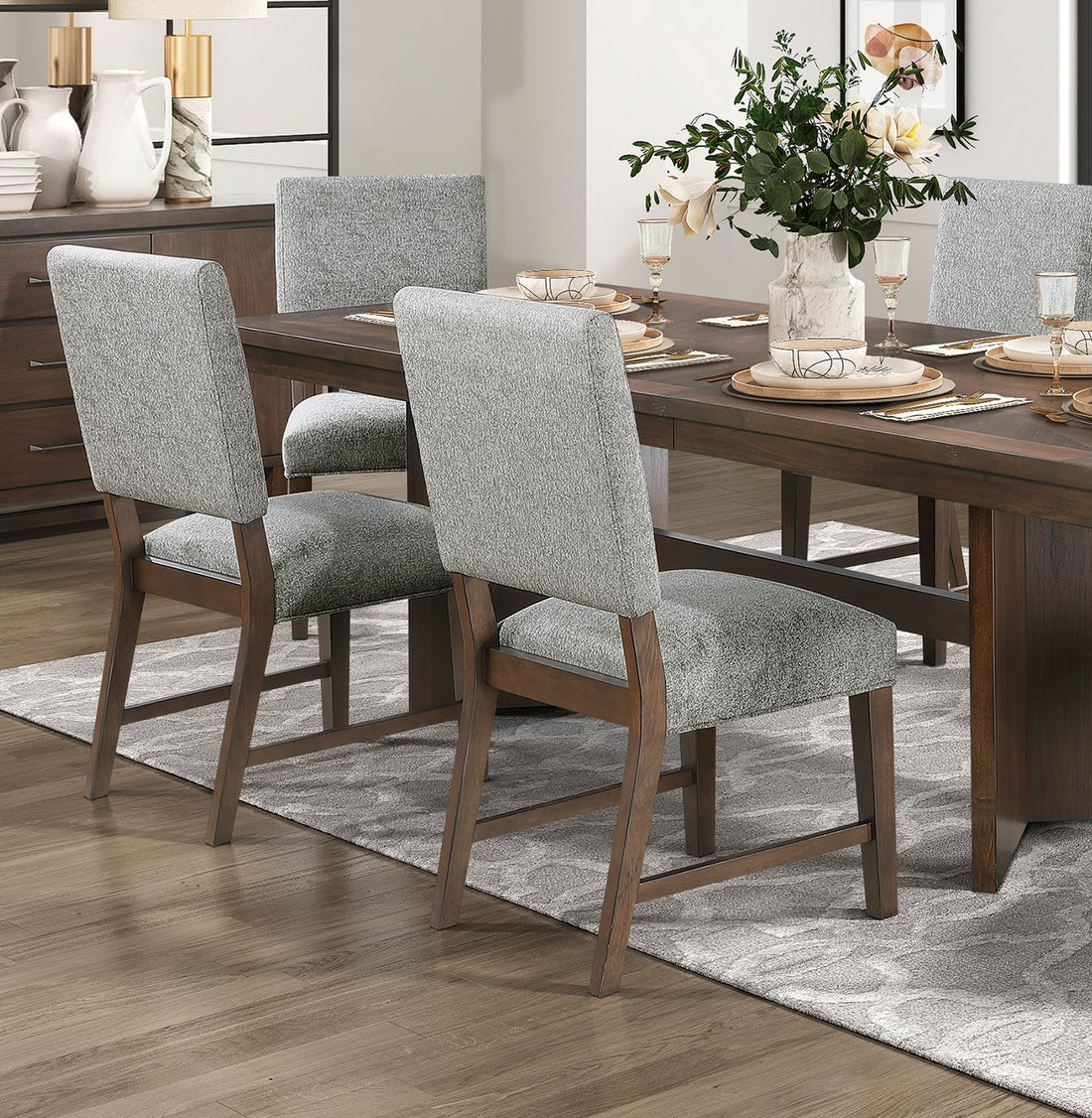 Walnut Finish Modern Dining Set 6Pc Table With Self Storing Extension Leaf Bench 4X Chairs Upholstered Wooden Furniture Wood Wood Walnut Seats 6 Wood Dining Room Self Storing Leaf Extendable Trestle