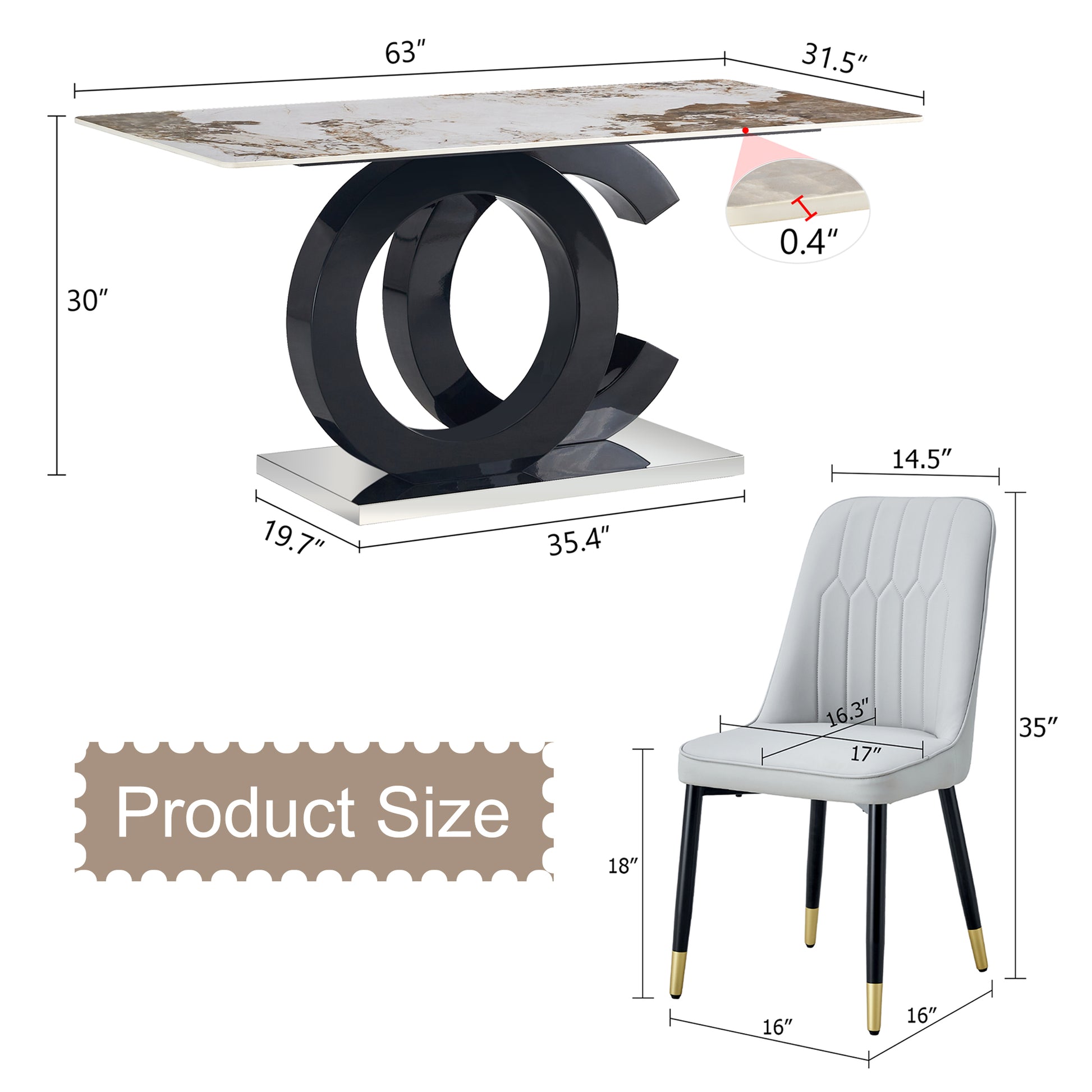 Table And Chair Set.63"X31.5" Marble Pattern Sintered Stone Table With Mdf Oc Shaped Bracket.Paired With 6 Light Gray Chairs With Pu Cushions And Black Metal Legs.Suitable For Kitchen,Dining