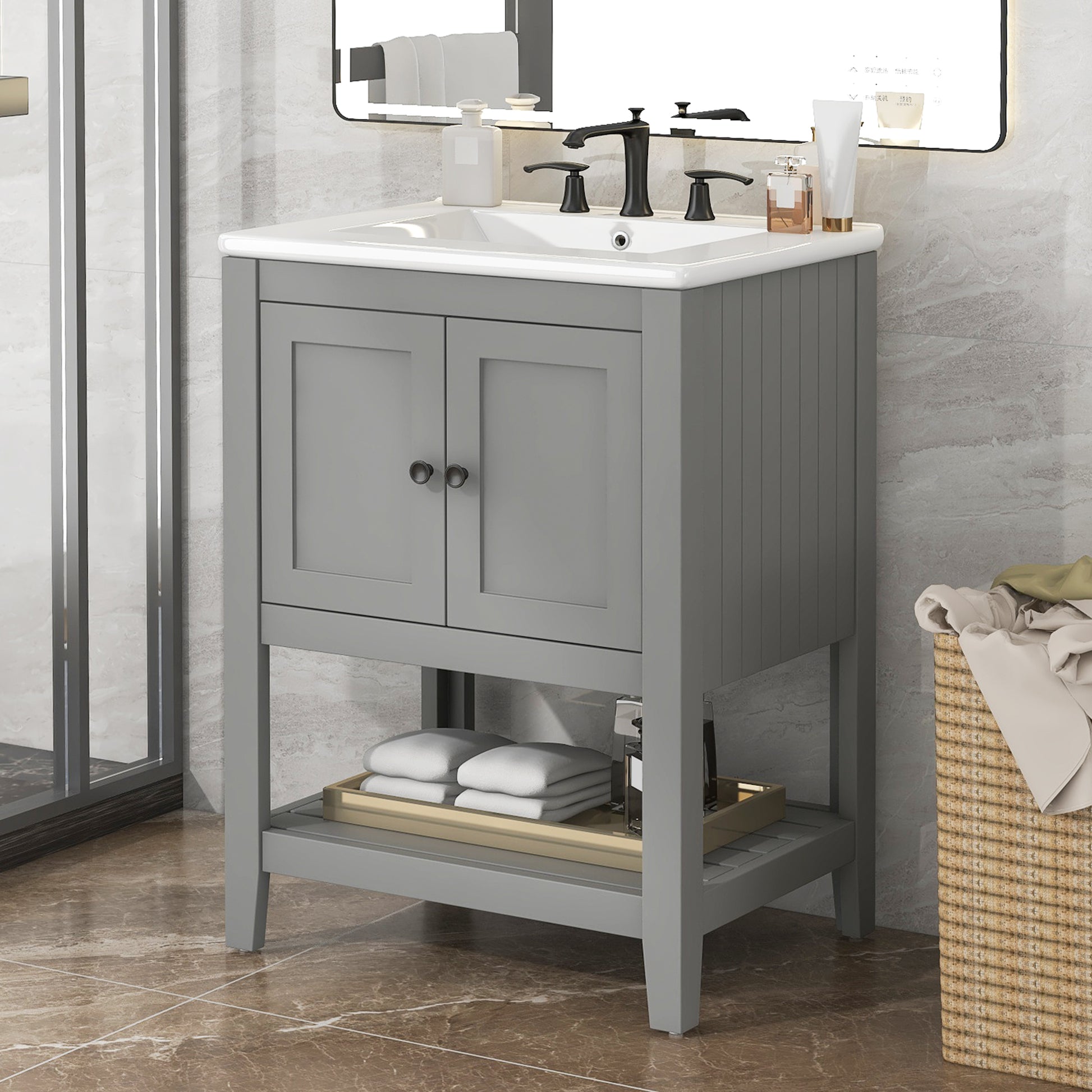 Video 24" Grey Modern Sleek Bathroom Vanity Elegant Ceramic Sink With Solid Wood Frame Open Style Shelf Grey Solid Wood