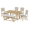 6 Piece Retro Dining Set, 1 Rectangular Table With Designed Trestle Base And 4 Upholstered Chairs And 1 Bench For Dining Room And Kitchen Natural Natural Solid Wood Mdf