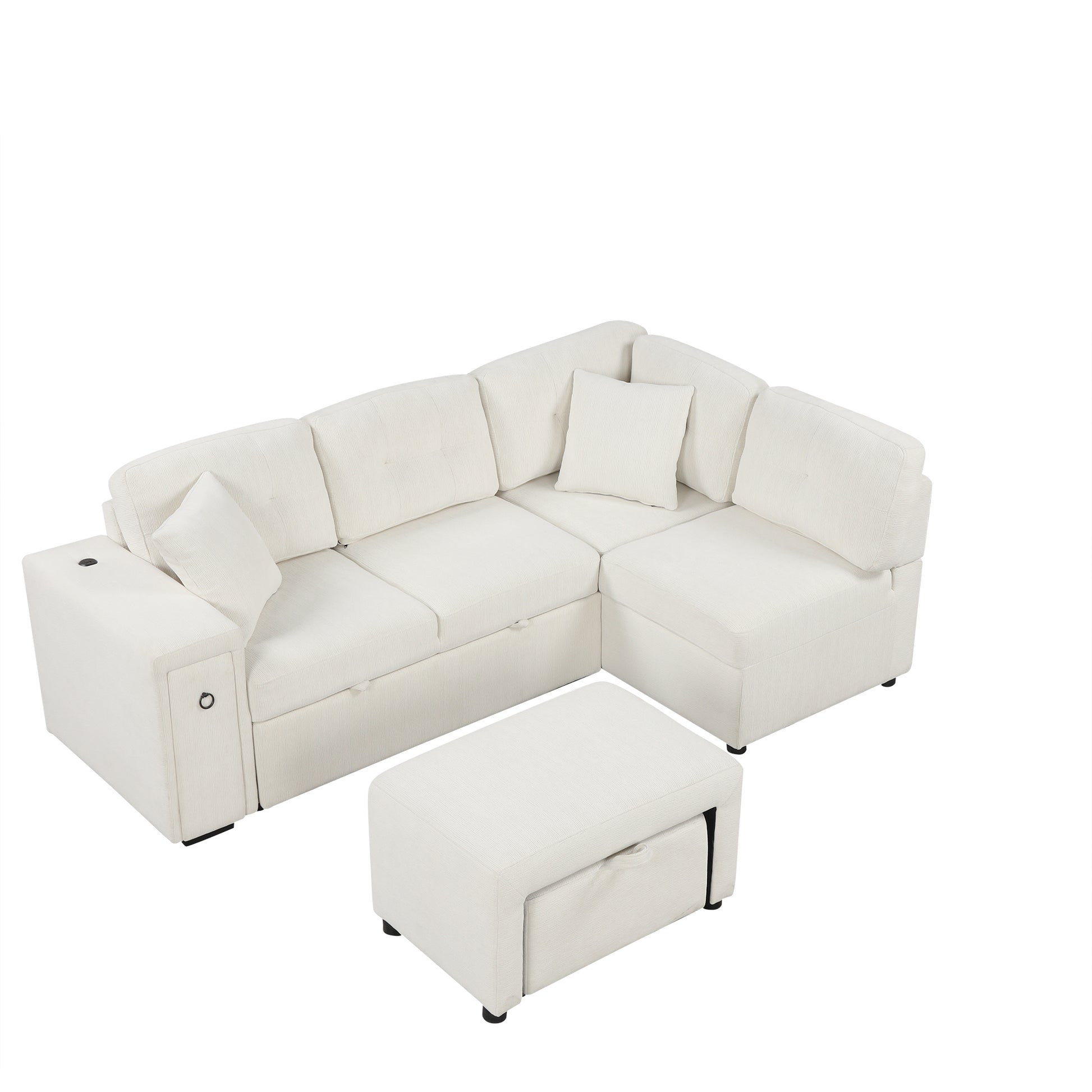 86.6" Sectional Sofa L Shaped Sofa Couch Pull Out Sofa Bed With A Movable Ottoman, Two Usb Ports And Two Cup Holders For Living Room, Beige Beige Foam Chenille 4 Seat