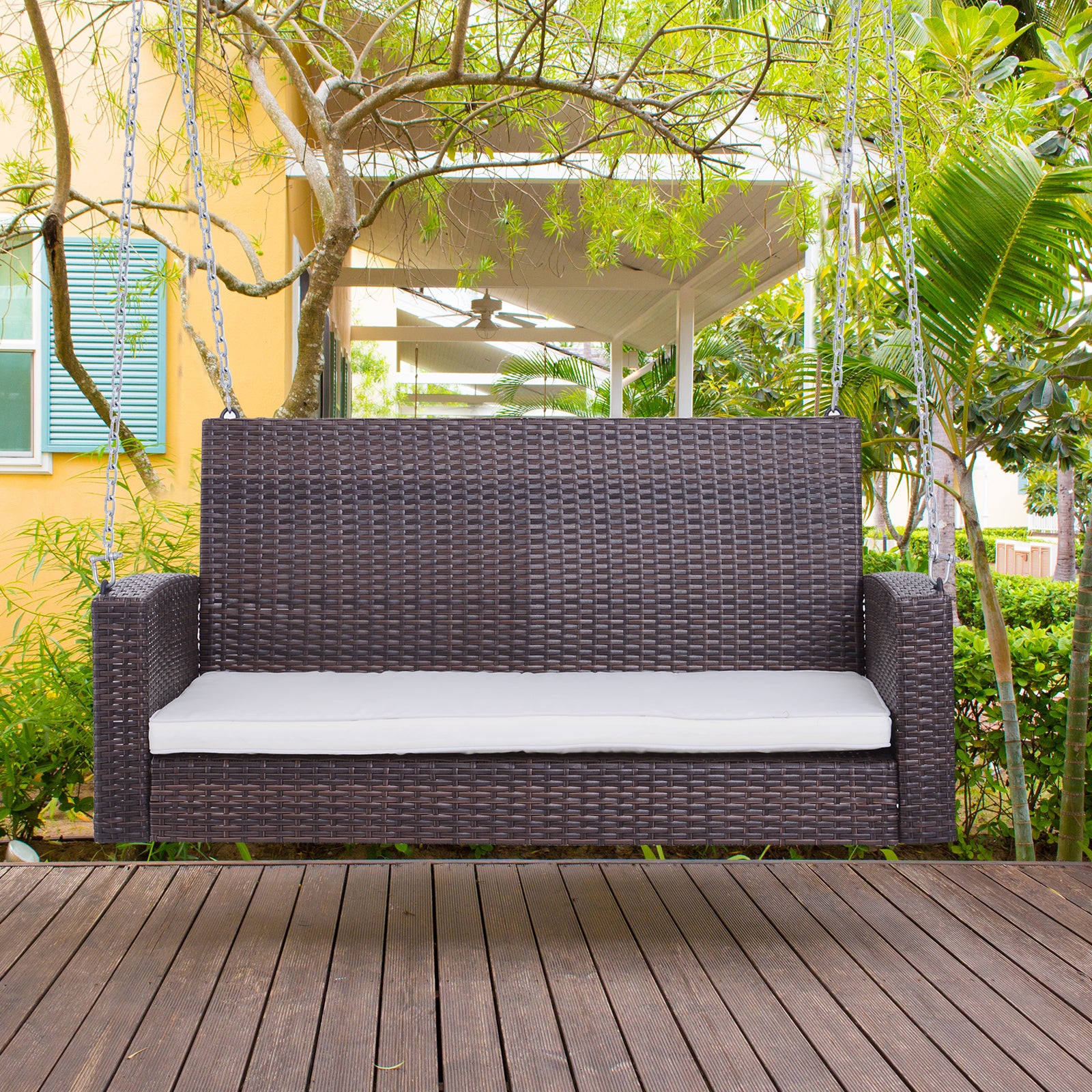 Outsunny 2 Person Wicker Hanging Swing Bench, Front Porch Swing Outdoor Chair With Cushions 550 Lbs. Weight Capacity For Backyard, Garden, Cream White Brown Rattan Metal
