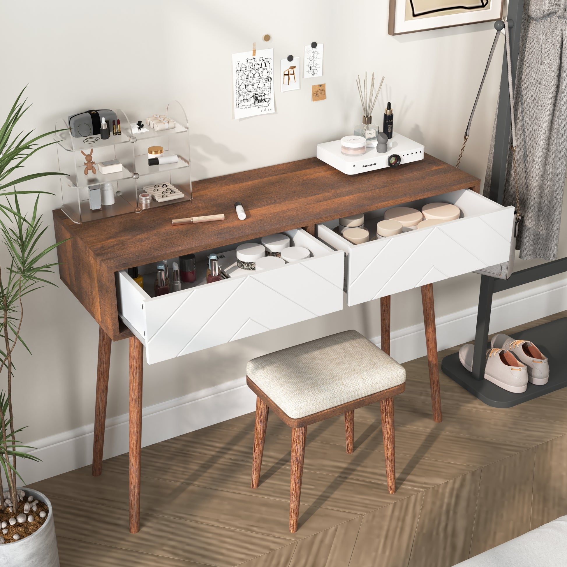 Entryway Table With 2 Carved Panel Drawers, Console Table With Storage Space And Wood Legs,Sofa Table Behind Couch For Hallway, Living Room, Natural Color Natural Particle Board Mdf