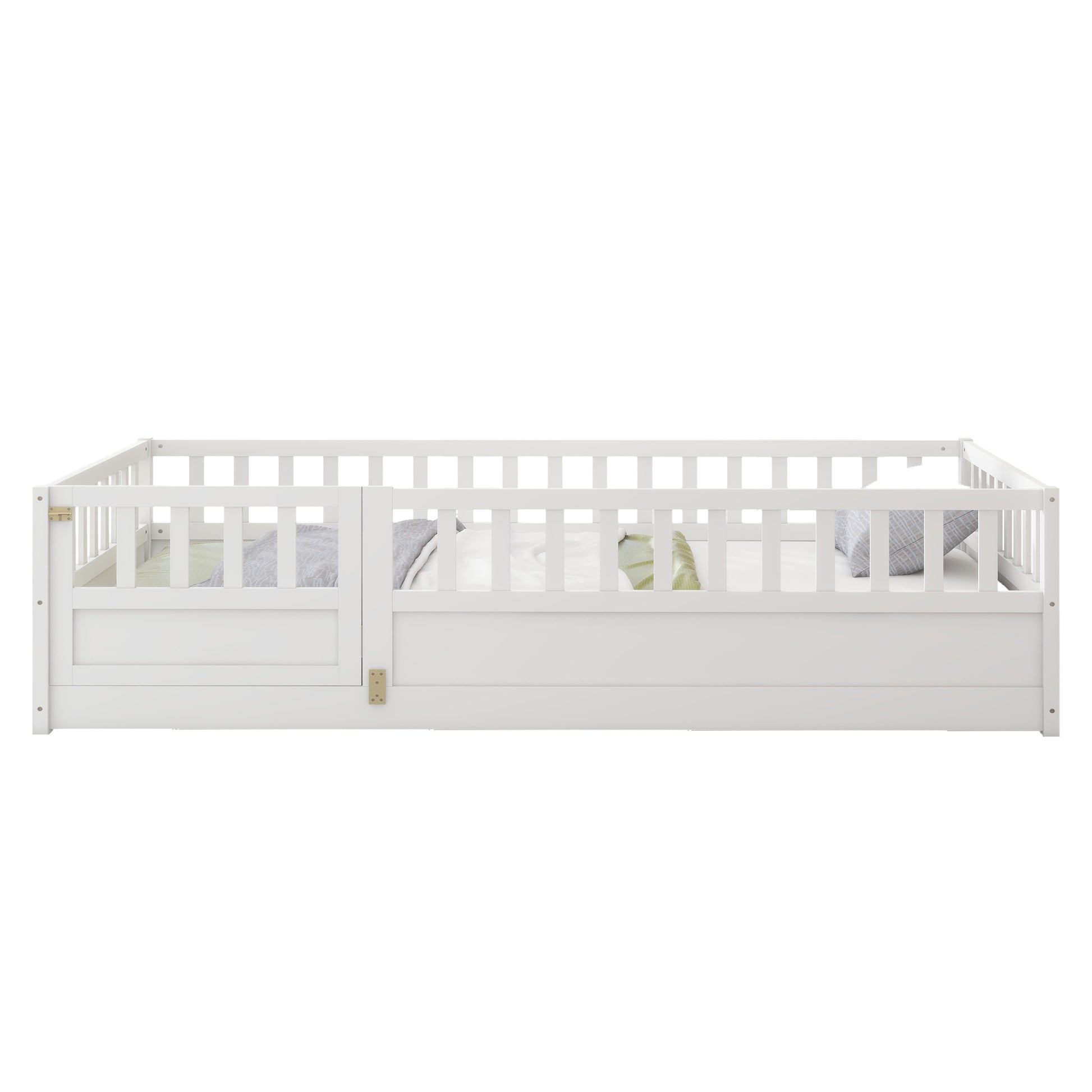 Twin Size Floor Bed, Integral Construction With Super High Security Barrier, Door, Children'S Floor Bed Frame, Montessori Wooden Children'S Floor Bed, White Box Spring Required Twin White Wood Brown Bedroom American Design,Artsy Pine Bed Frame Pine