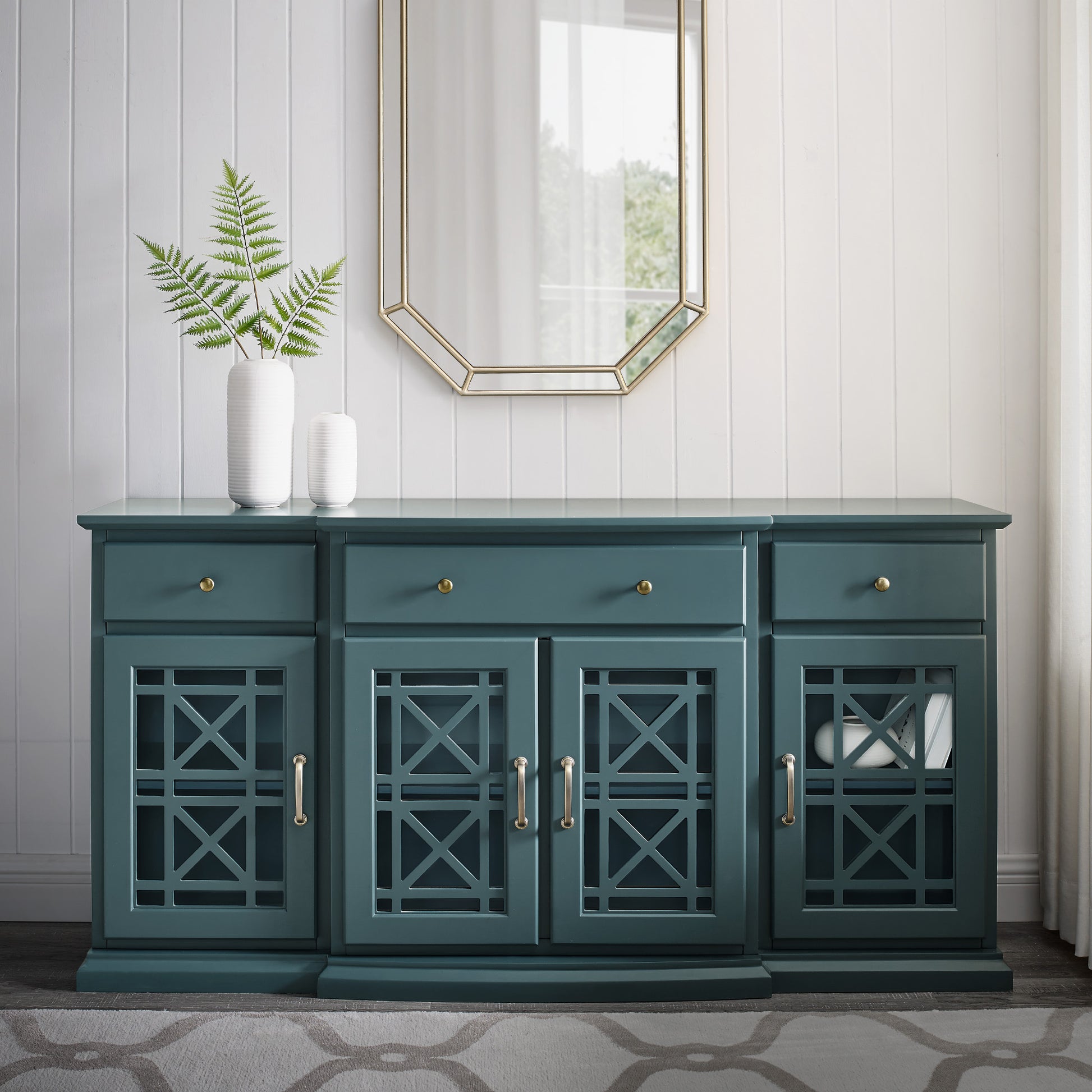 Classic Fretwork Detailed Glass Door Sideboard Dark Teal Teal Mdf