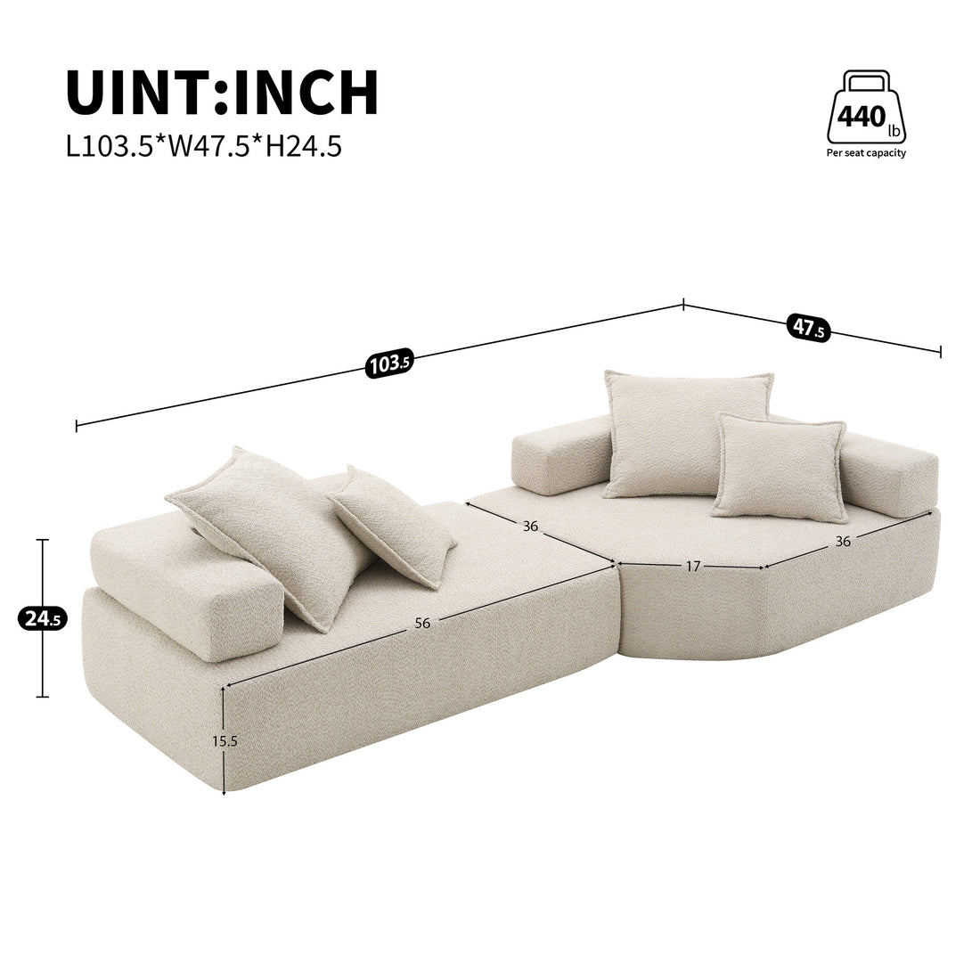 Oversized Modular Sectional Sofa,Luxury Boucle Floor Couch Set,Convertible Sleeper Couch,Spacious Foam Filled Sofa Bed For Living Room,2 Pc Free Combination,2 Colors Beige Boucle 4 Seat