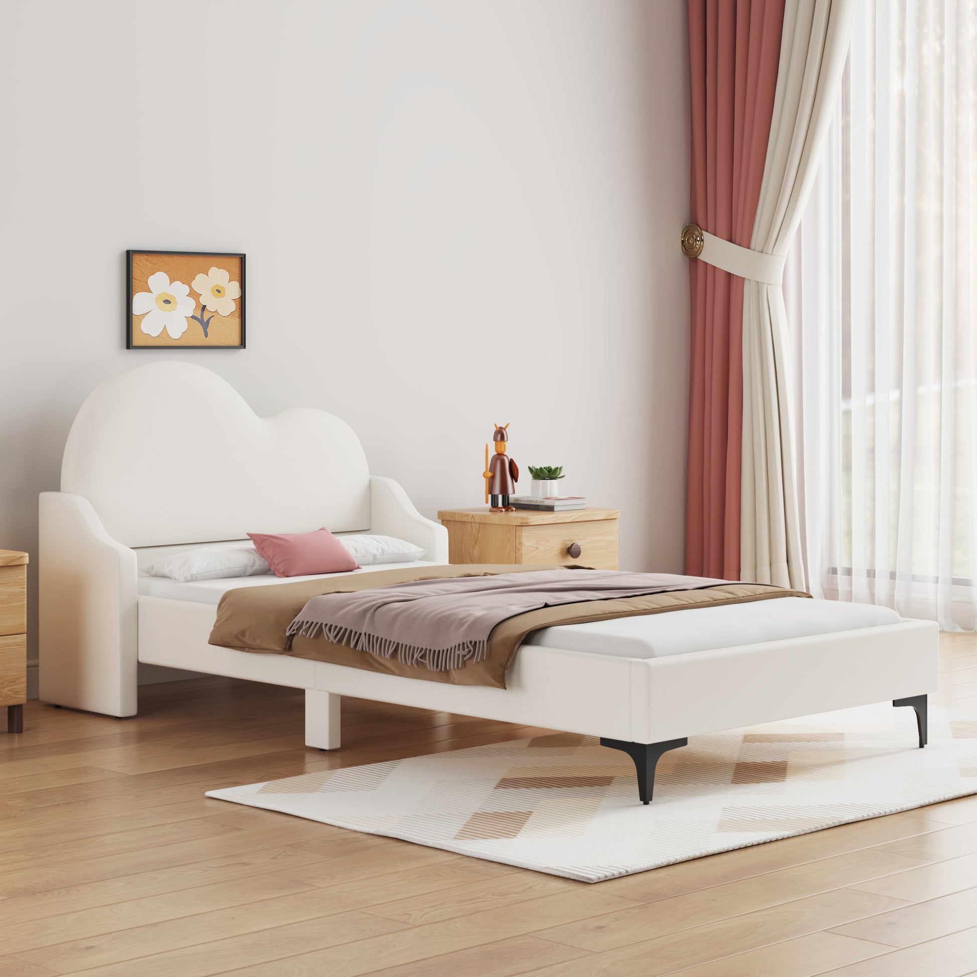 Twin Size Upholstered Platform Bed With Cloud Shaped Headboard, Beige Box Spring Not Required Twin Beige Bedroom Polyester Upholstered