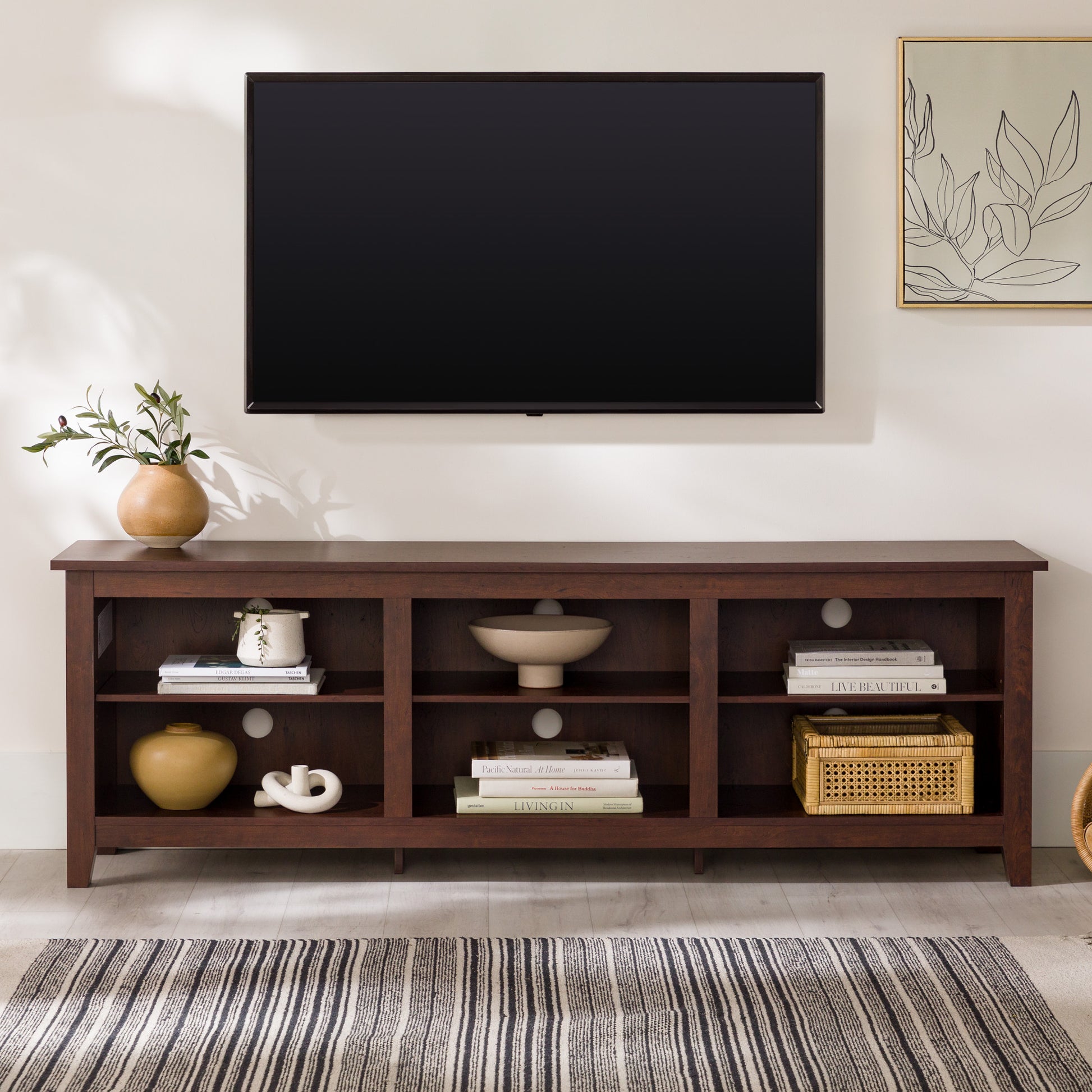 Modern Transitional 3 Shelf Open Storage 70" Tv Stand For 80" Tvs Brown Brown Mdf