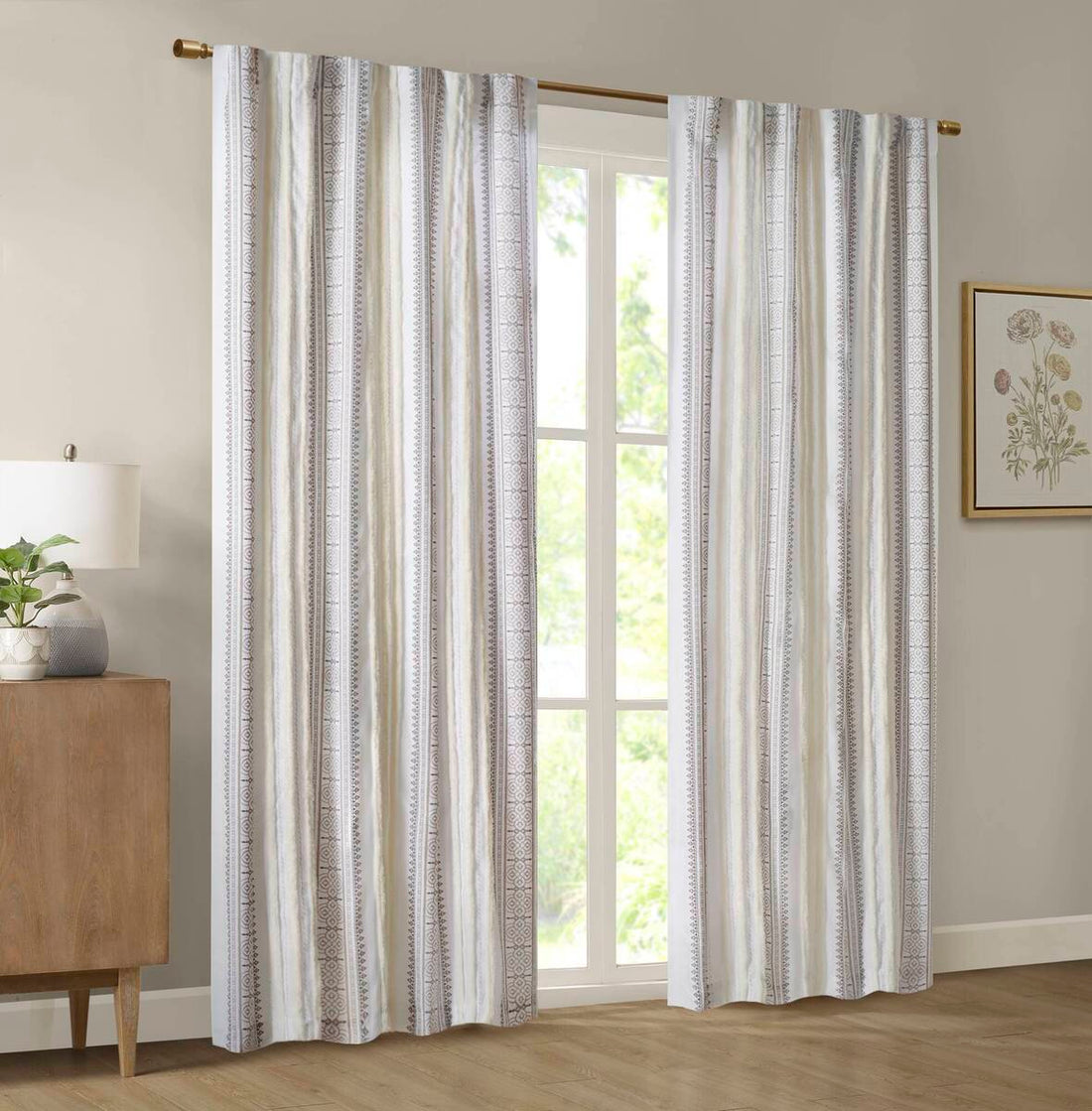 Poly Printed Curtain Panel With Tufted Stripe And Lining White Brown 50X95" Multicolor Polyester