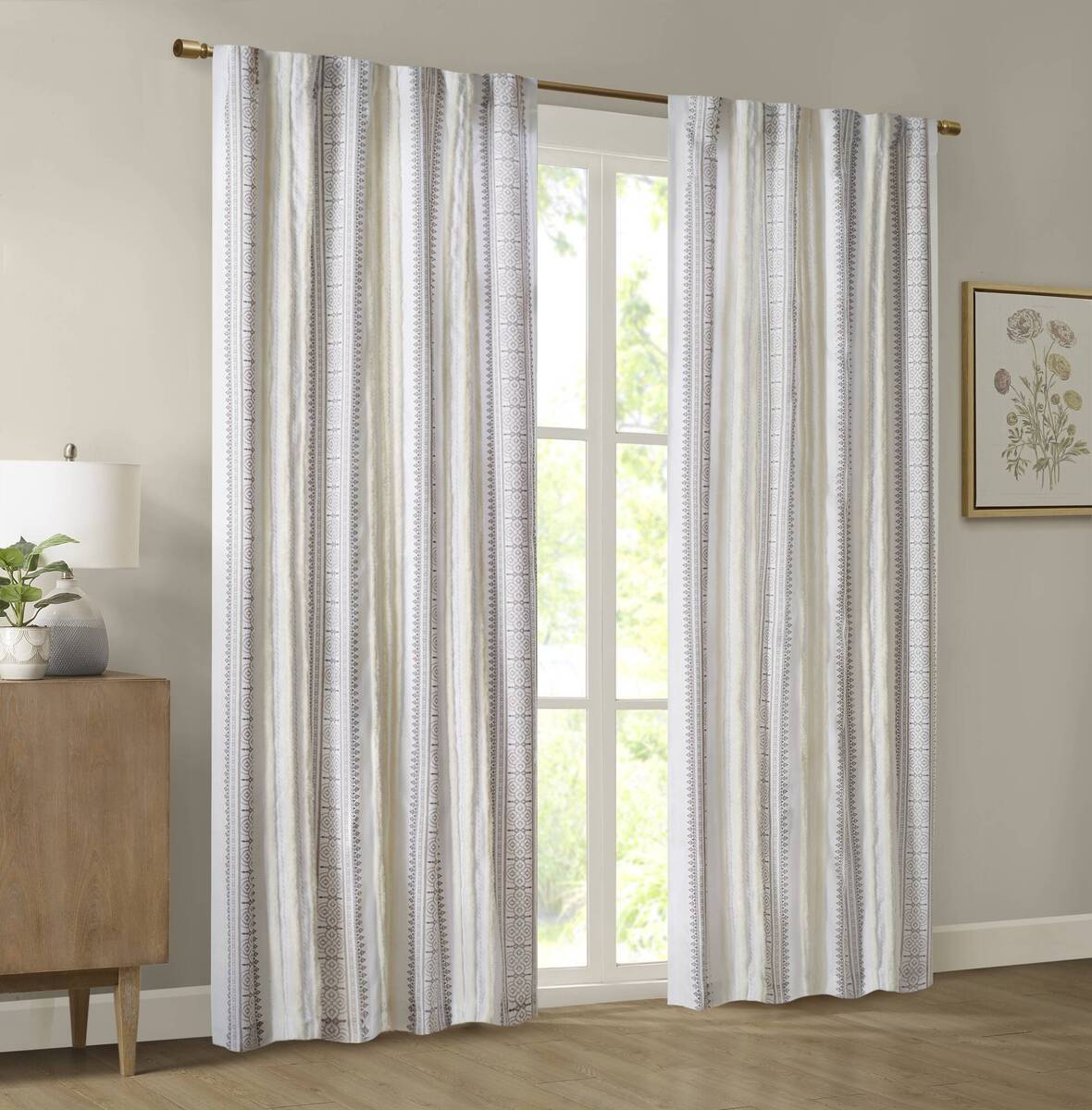 Poly Printed Curtain Panel With Tufted Stripe And Lining White Brown 50X95" Multicolor Polyester