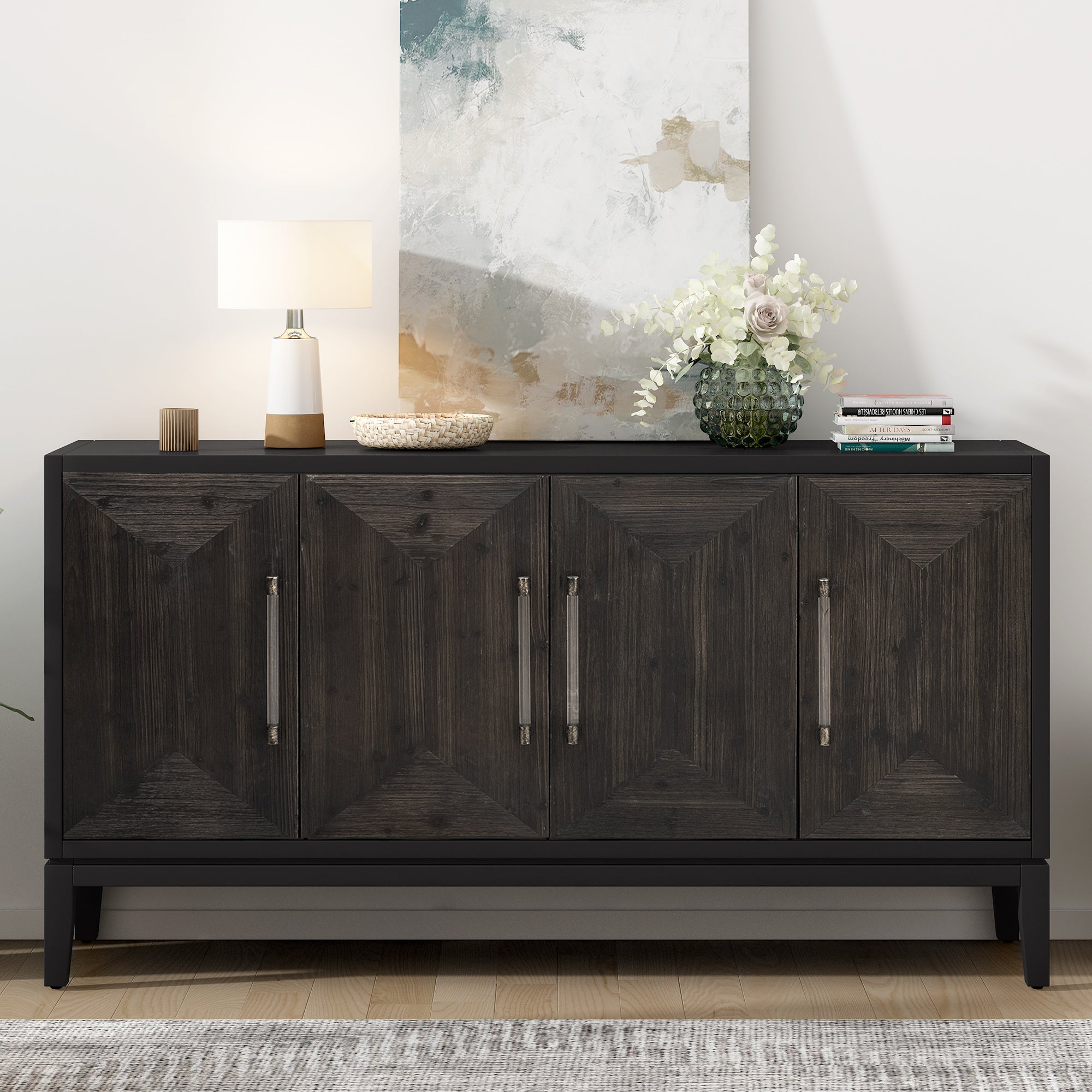 Versatile Four Door Sideboard With Brushed Doors And Fir Veneer,Featuring Elegant Handles,Perfect For Various Spaces. Black American Design Mdf